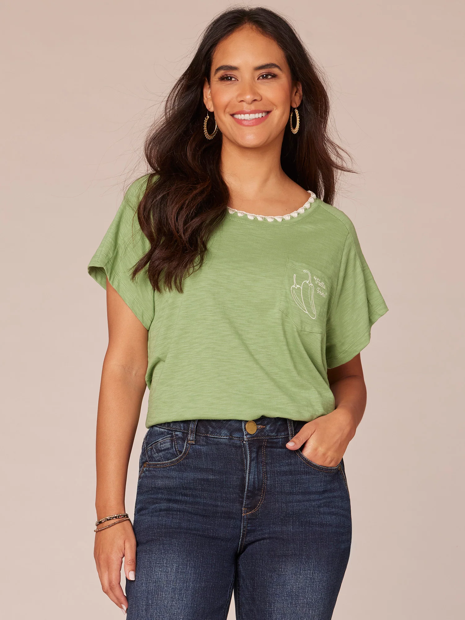 Short Sleeve Scoop Neck Embroidered Pocket Knit Boyfriend Tee - Legahigh