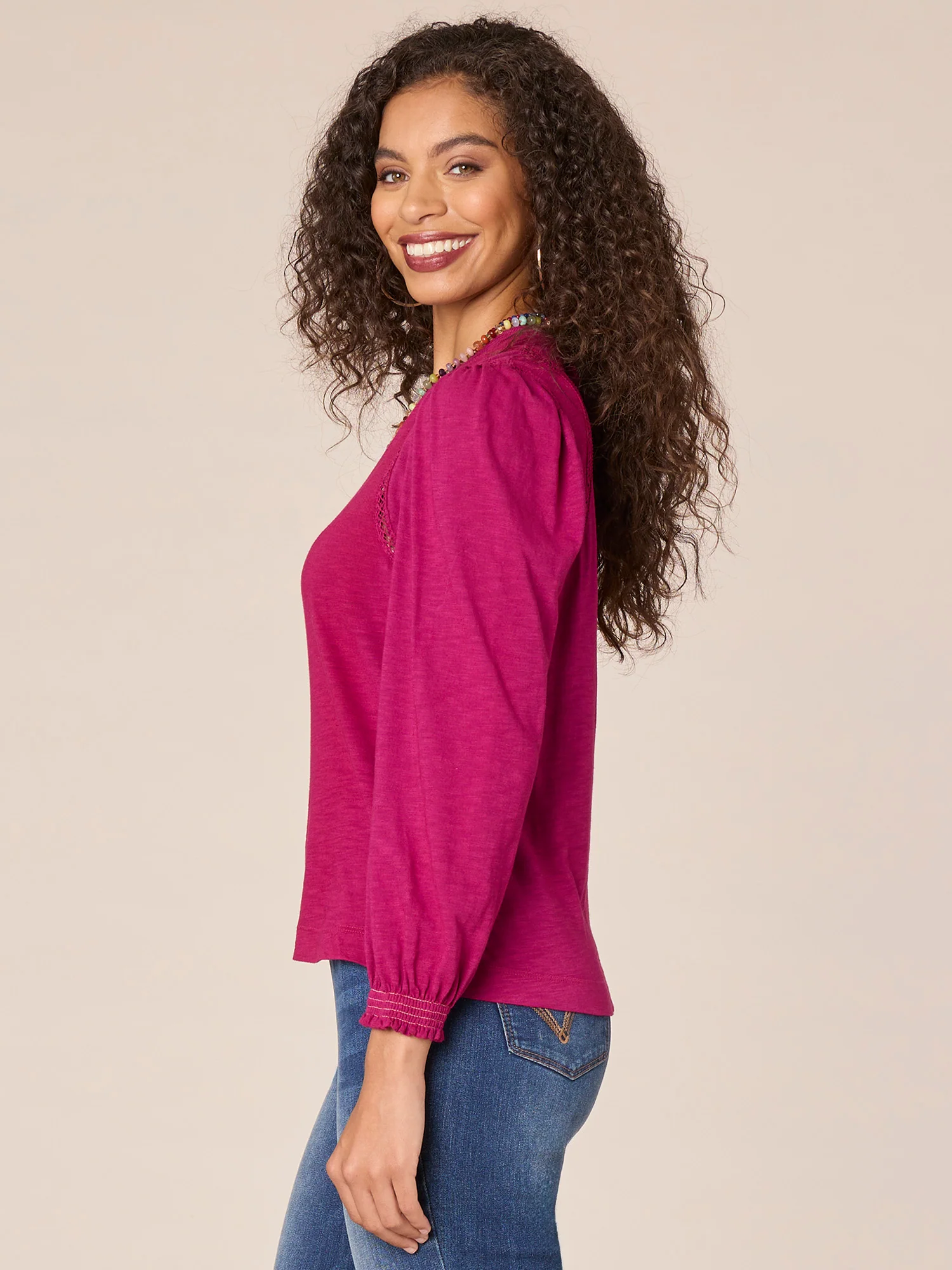 Long Puff Ruffle Sleeve Crew Neck Ladder Crochet Knit Top - Legahigh