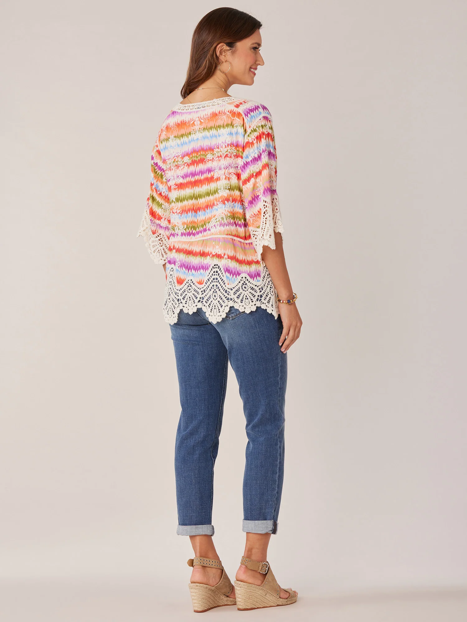 Three Quarter Sleeve V-Notch Neck Peplum Crochet Printed Woven Top - Legahigh