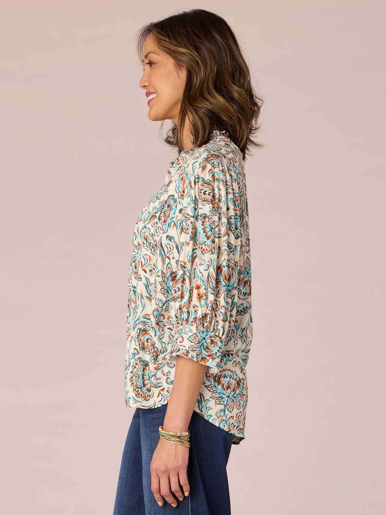 Elbow Sleeve Stand Collar Pintuck Button Front Printed Woven Shirt - Legahigh