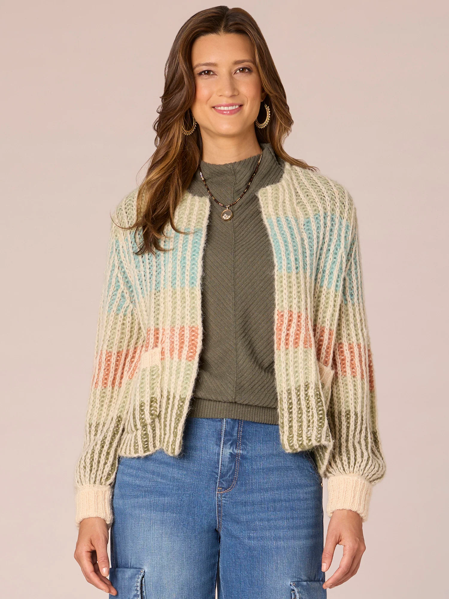 Long Blouson Sleeve Collarless Open Front Stripe Sweater Cardigan - Legahigh