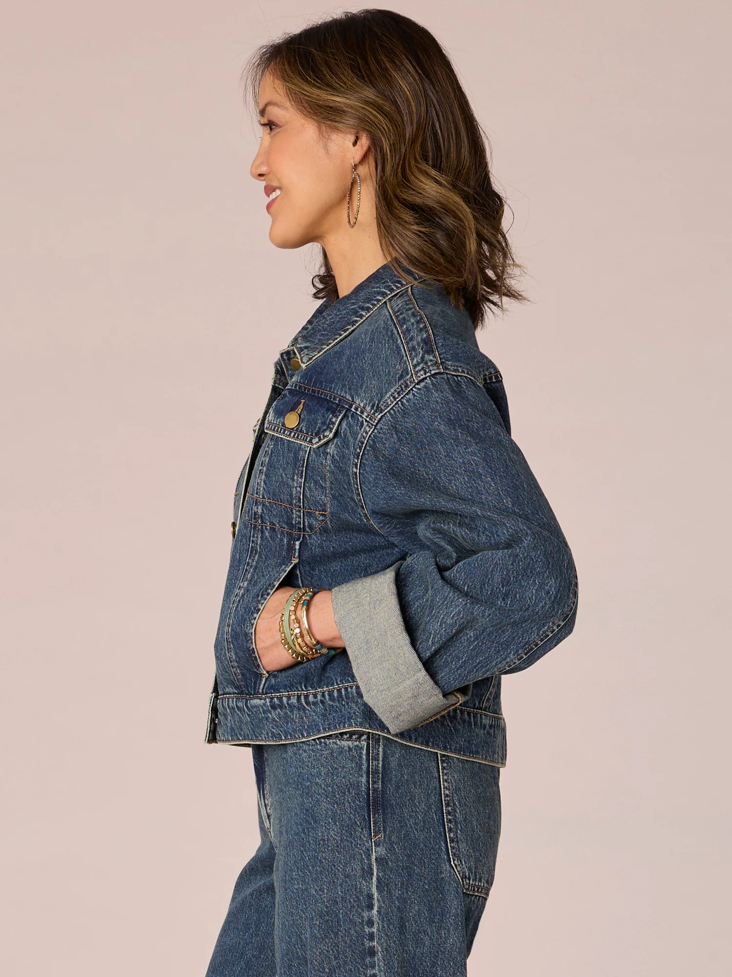 Long Wide Fixed Cuff Sleeve Button Front Denim Jacket - Legahigh