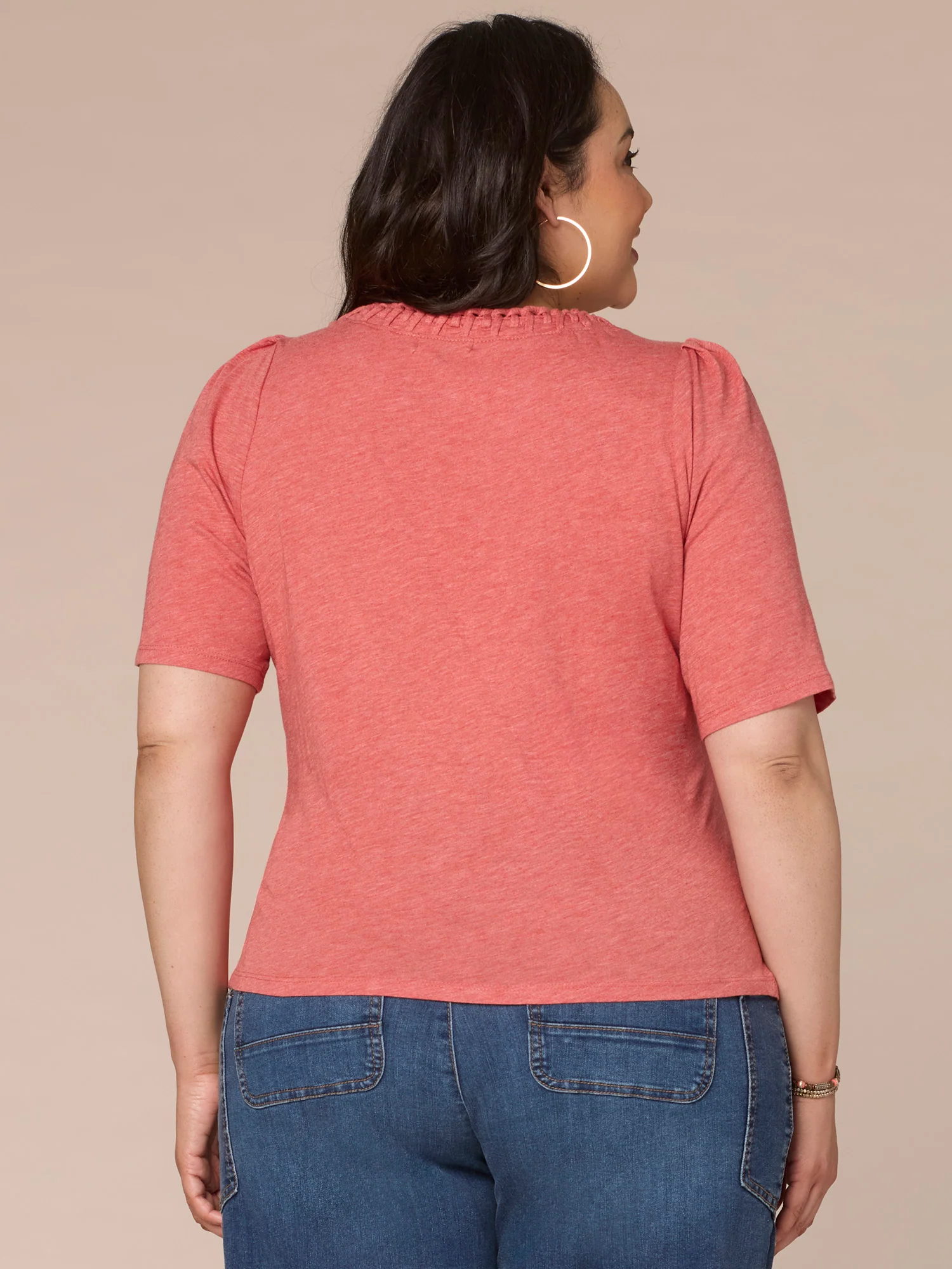 Pleated Elbow Sleeve Scoop Neck Plus Size Knit Top with Side Ruching - Legahigh