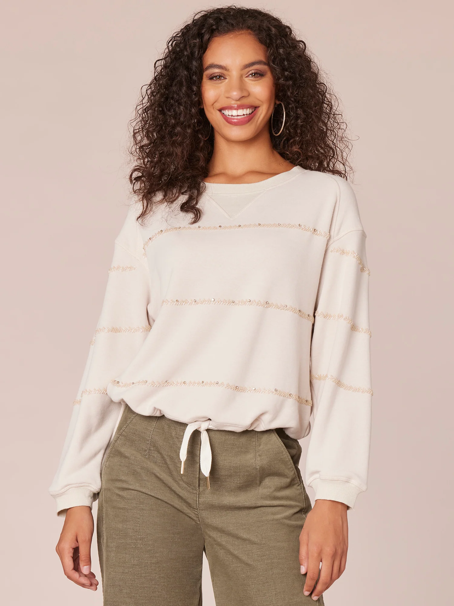 Long Sleeve Scoop Neck Beaded Stripe Cased Hem Knit Sweatshirt - Legahigh