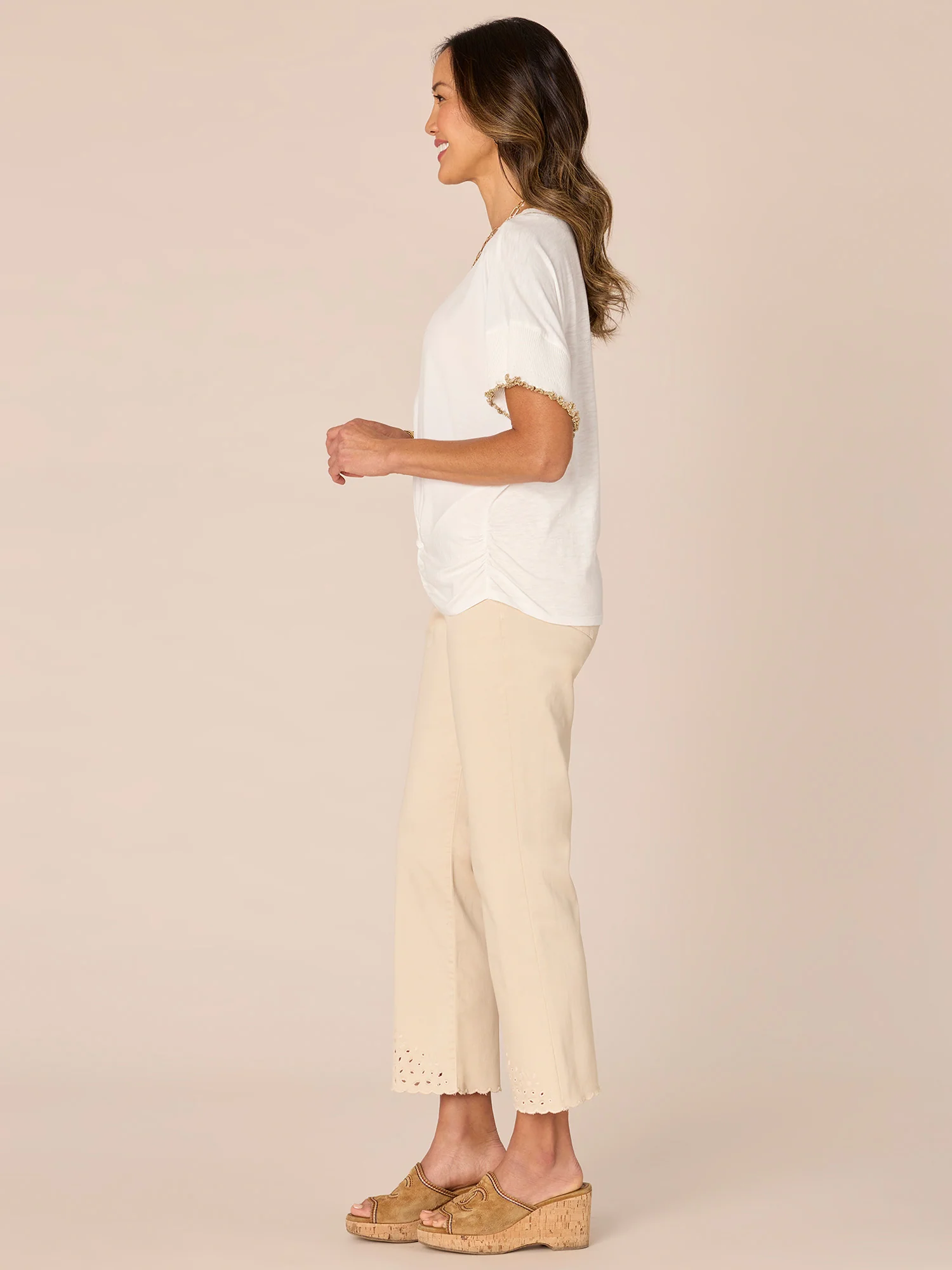 Extended Short Sleeve Round Neck Woven Top with Metallic Tipping - Legahigh