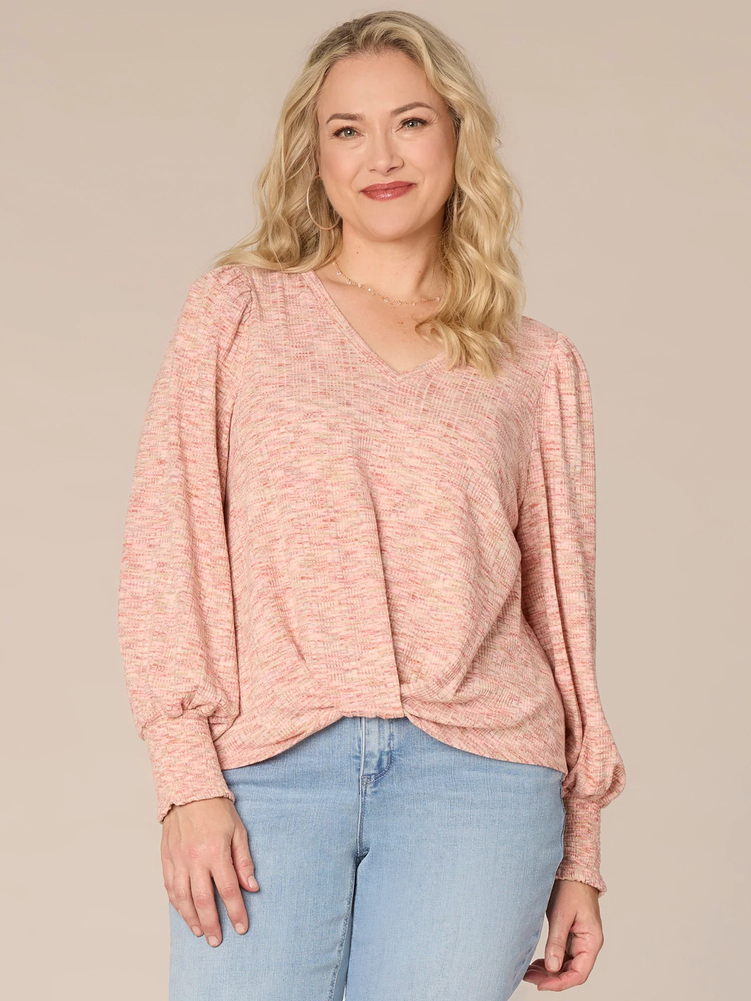 Long Puff Sleeve V-Neck Twisted Hem Plus Size Knit Top - Legahigh