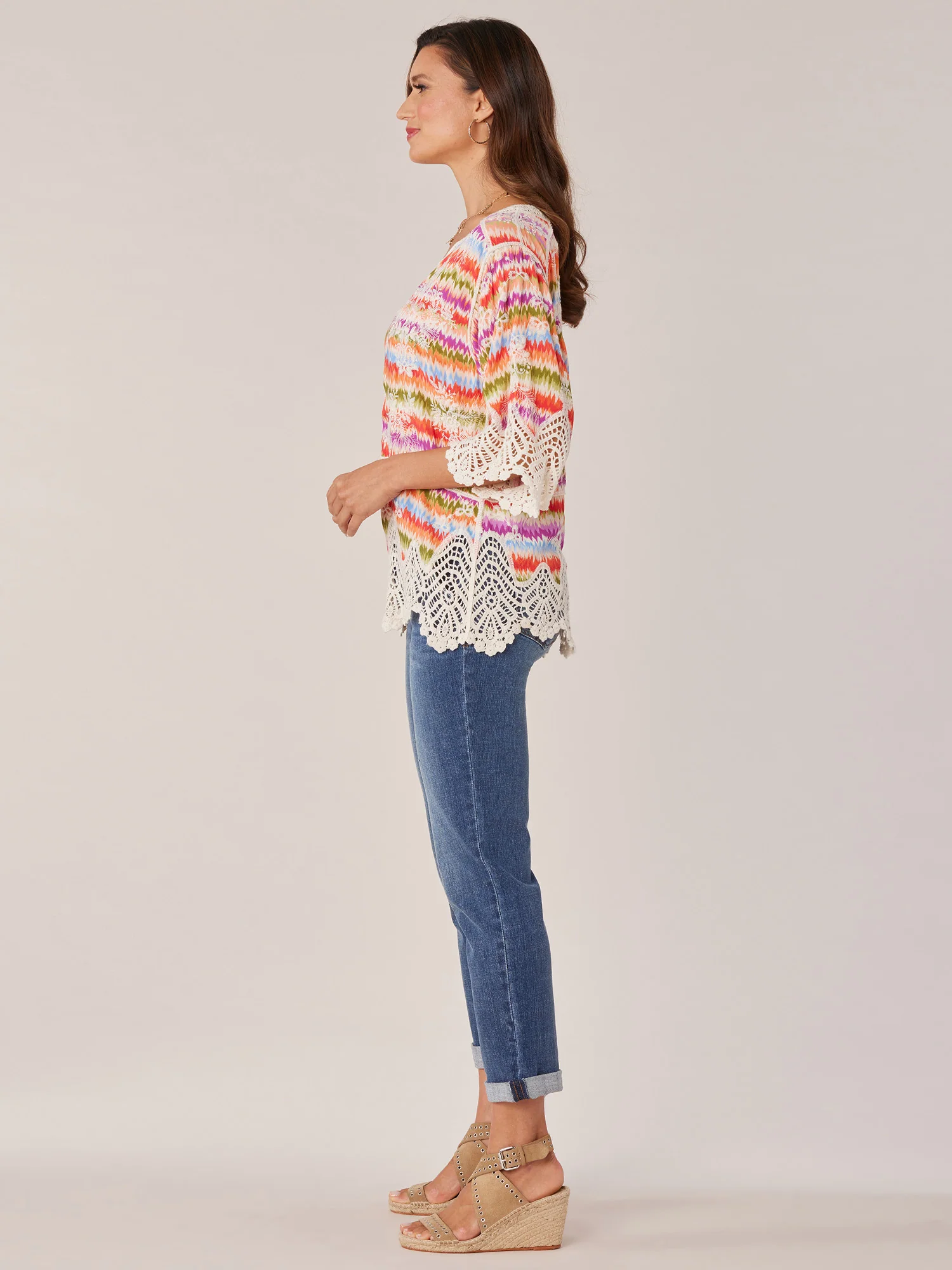Three Quarter Sleeve V-Notch Neck Peplum Crochet Printed Woven Top - Legahigh
