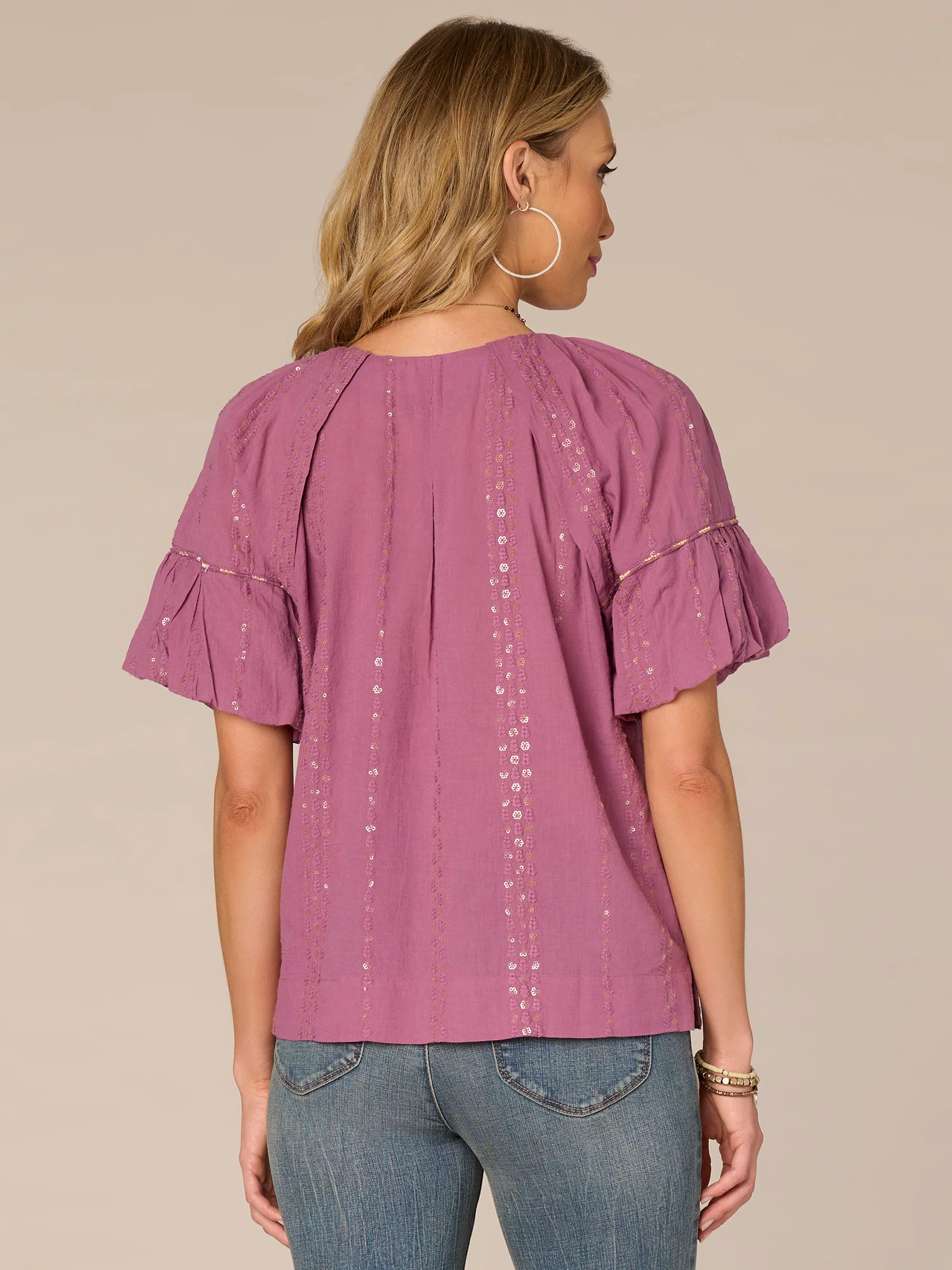 Bubble Sleeve Spliced V-Neck Embroidered Placket Petite Woven Top - Legahigh