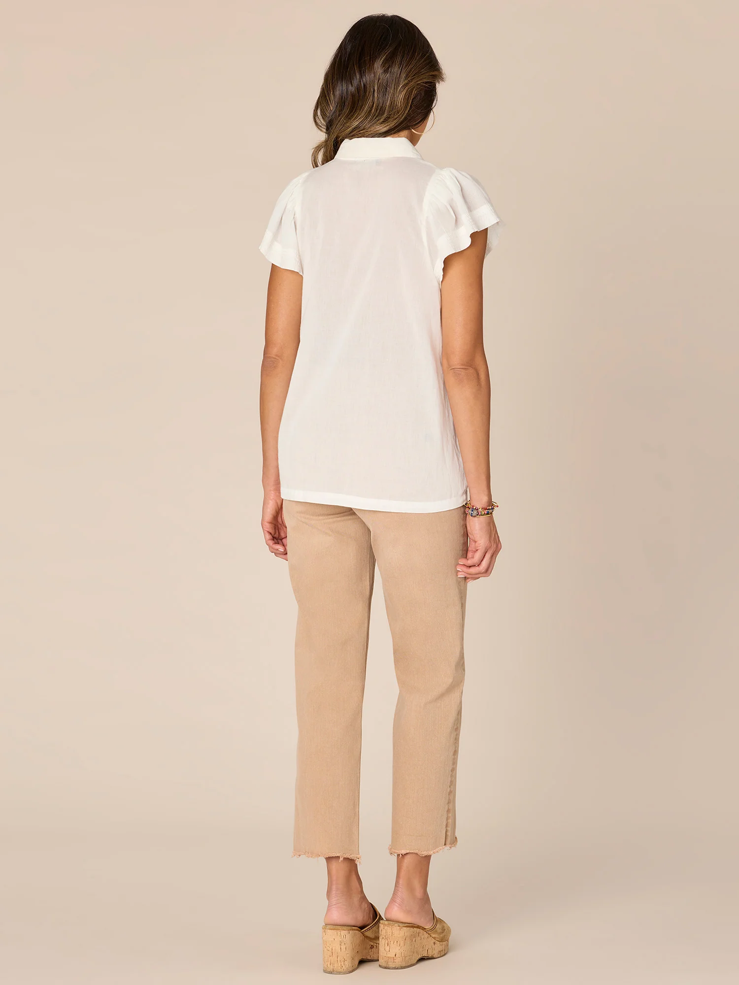 Flounce Sleeve Collared Neck Novelty Smocked Woven Top - Legahigh