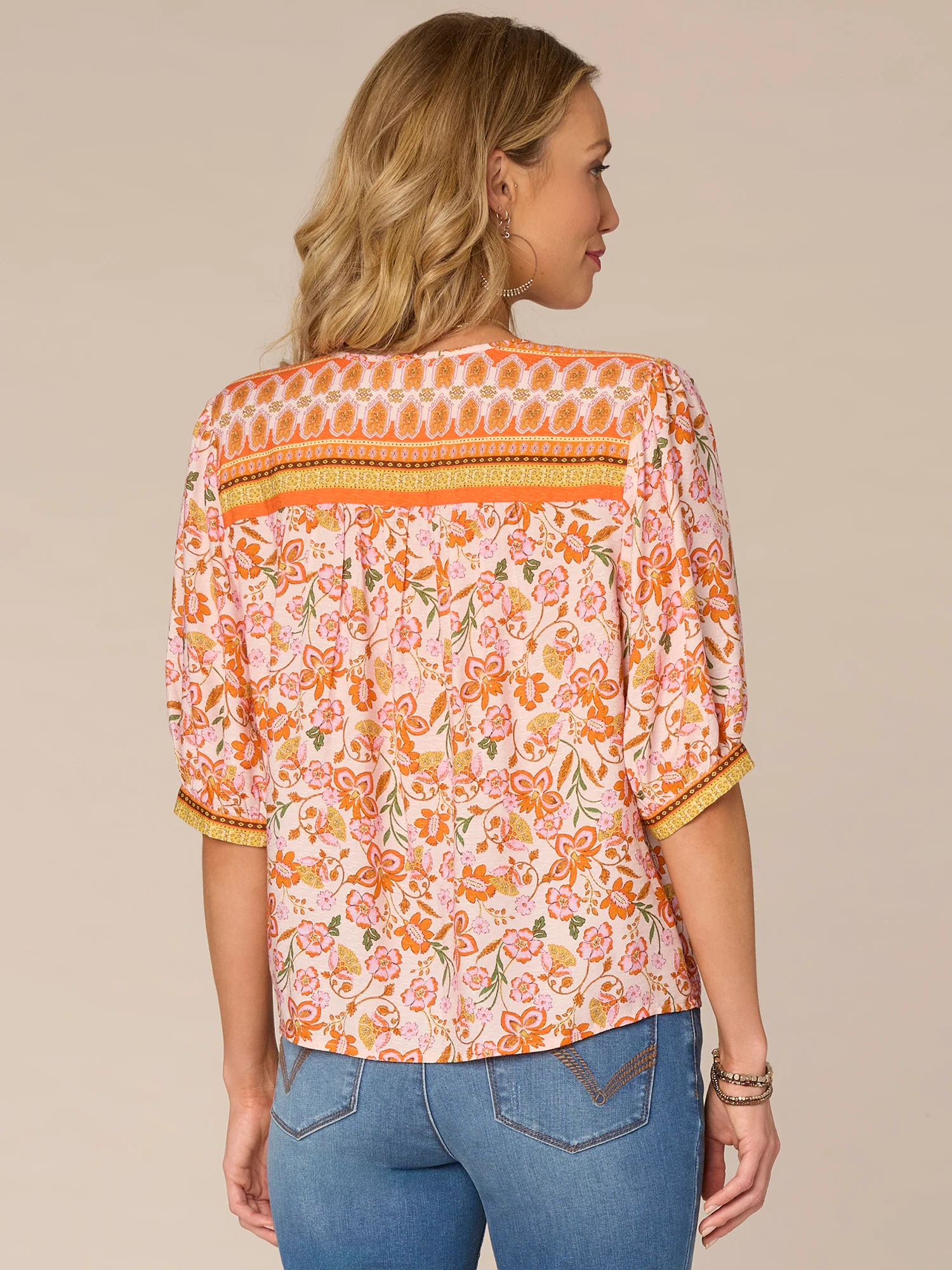 Elbow Sleeve V-Notch Neck Floral Print Woven Top - Legahigh