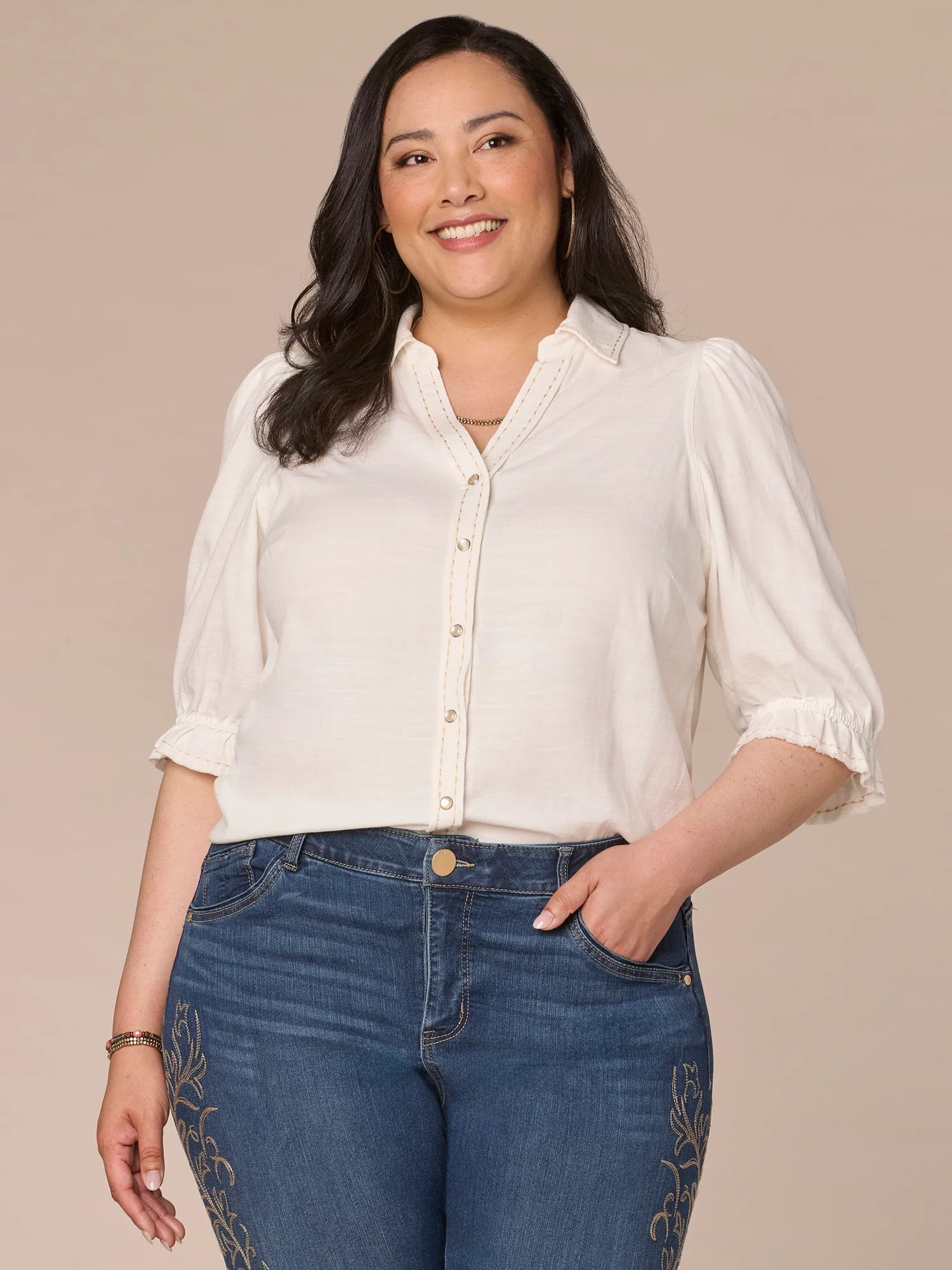 Below Elbow Sleeve Western Yoke Snap Button Plus Size Woven Shirt - Legahigh