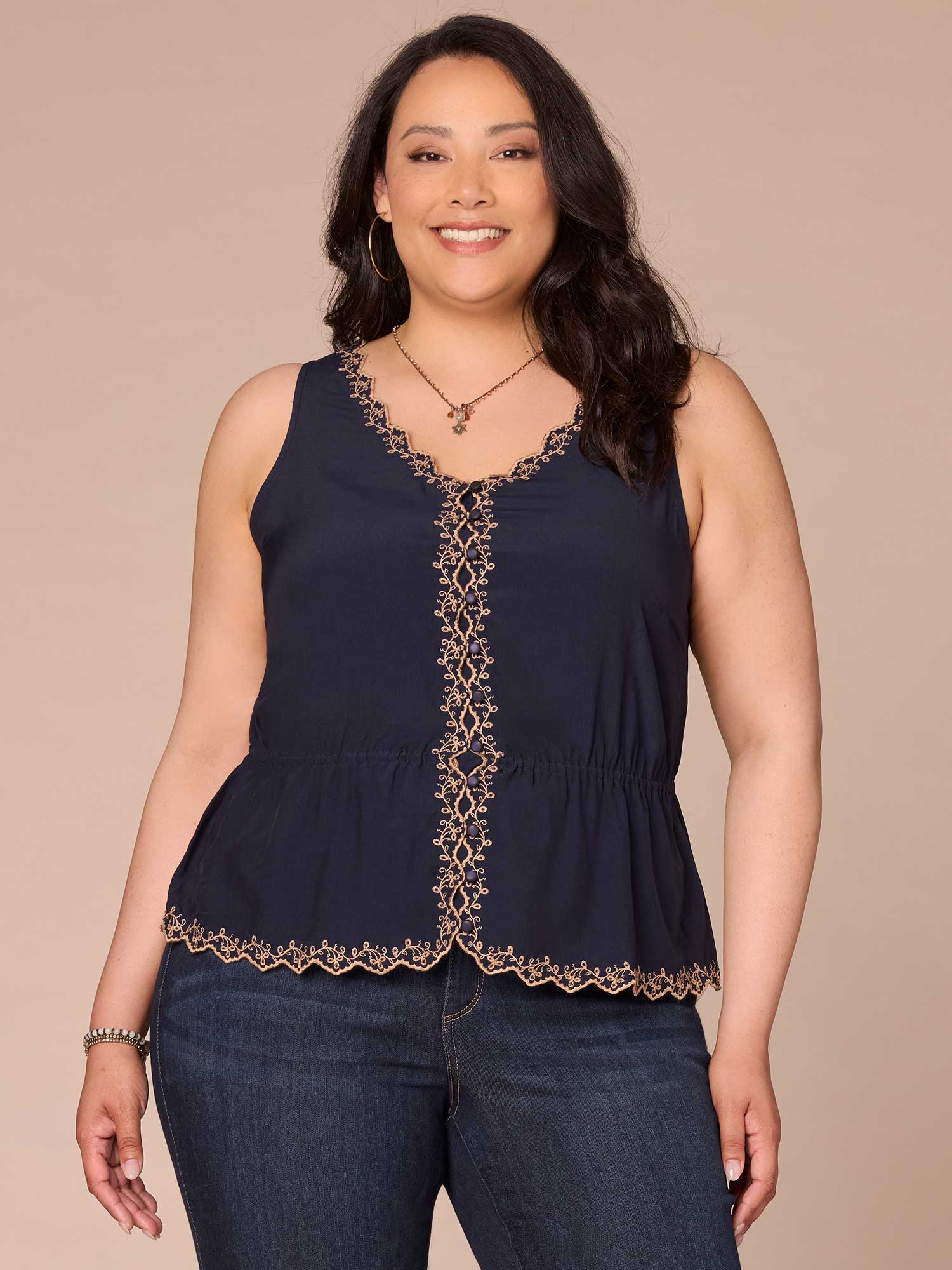 V-Neck Button Down Scallop Plus Size Woven Tank Top with Peplum Hem - Legahigh