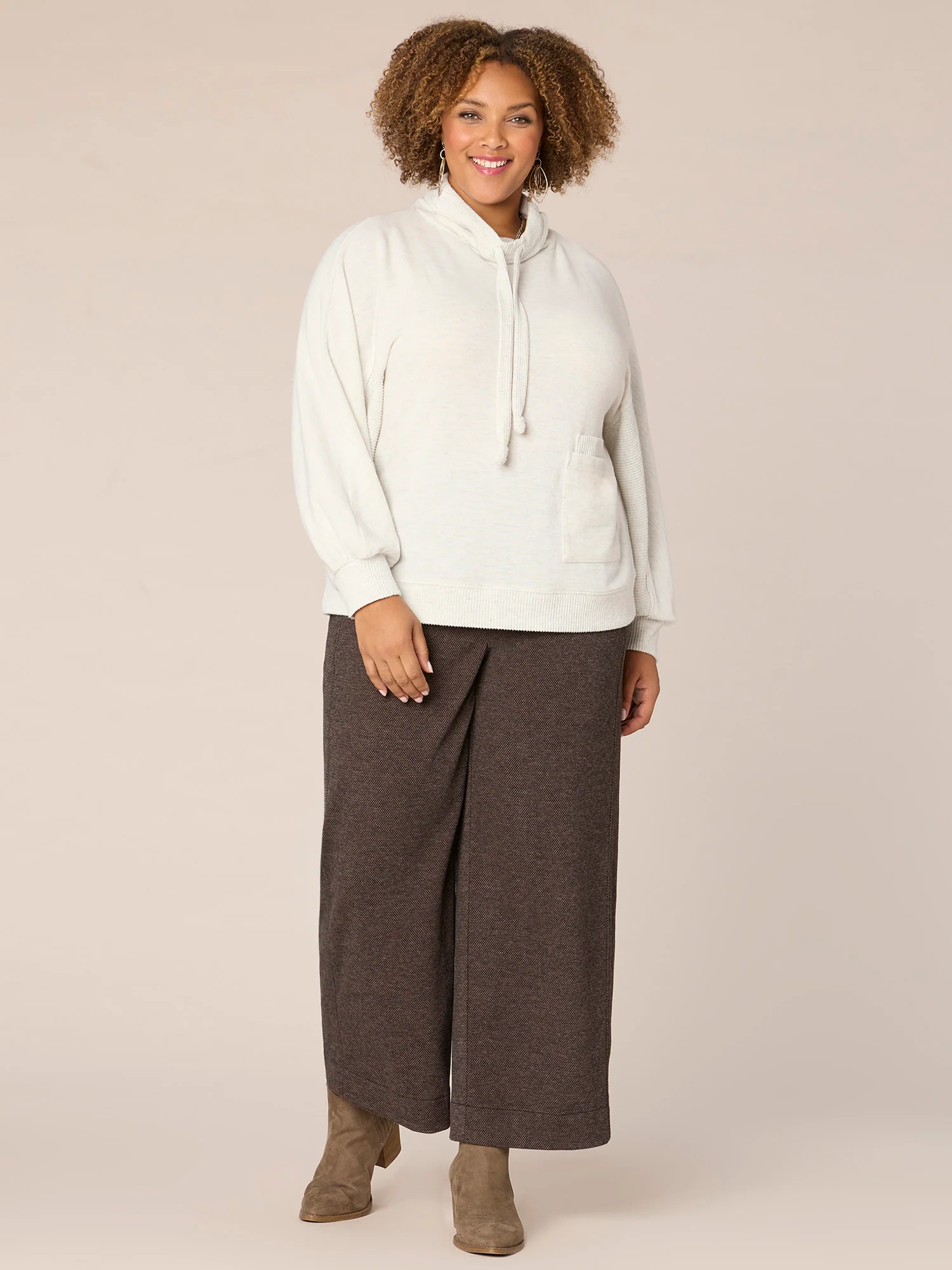 Blouson Sleeve Funnel Neck Double Pocket Plus Size Knit Top - Legahigh