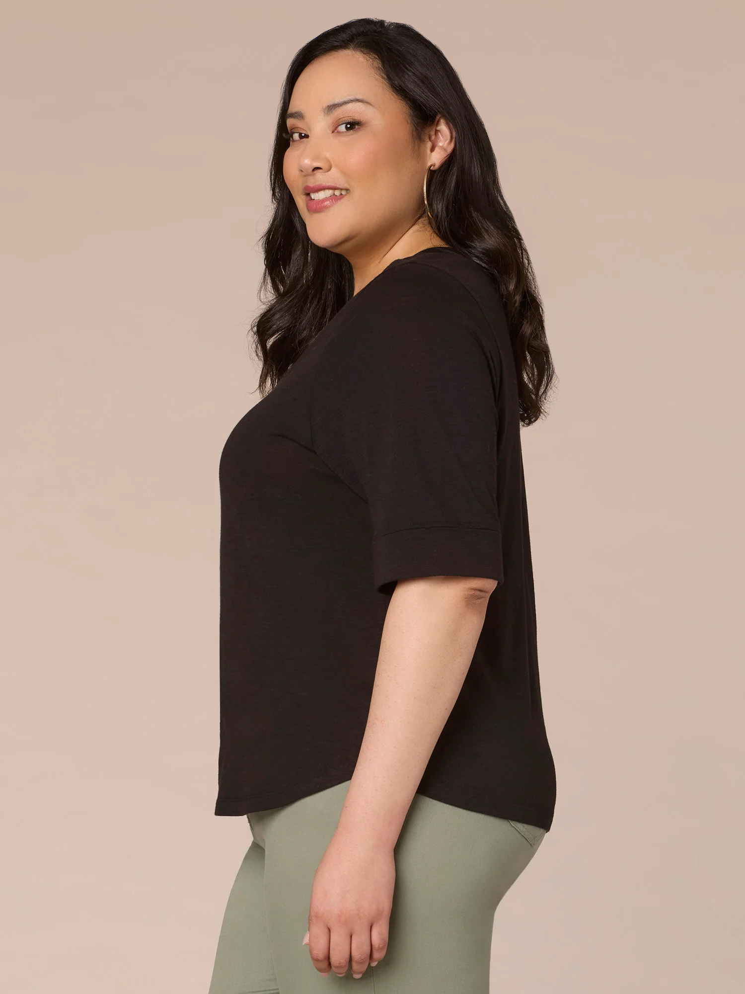 Roll Cuff Sleeve Round Split V-Neck Surplus Hem Plus Size Knit Top - Legahigh