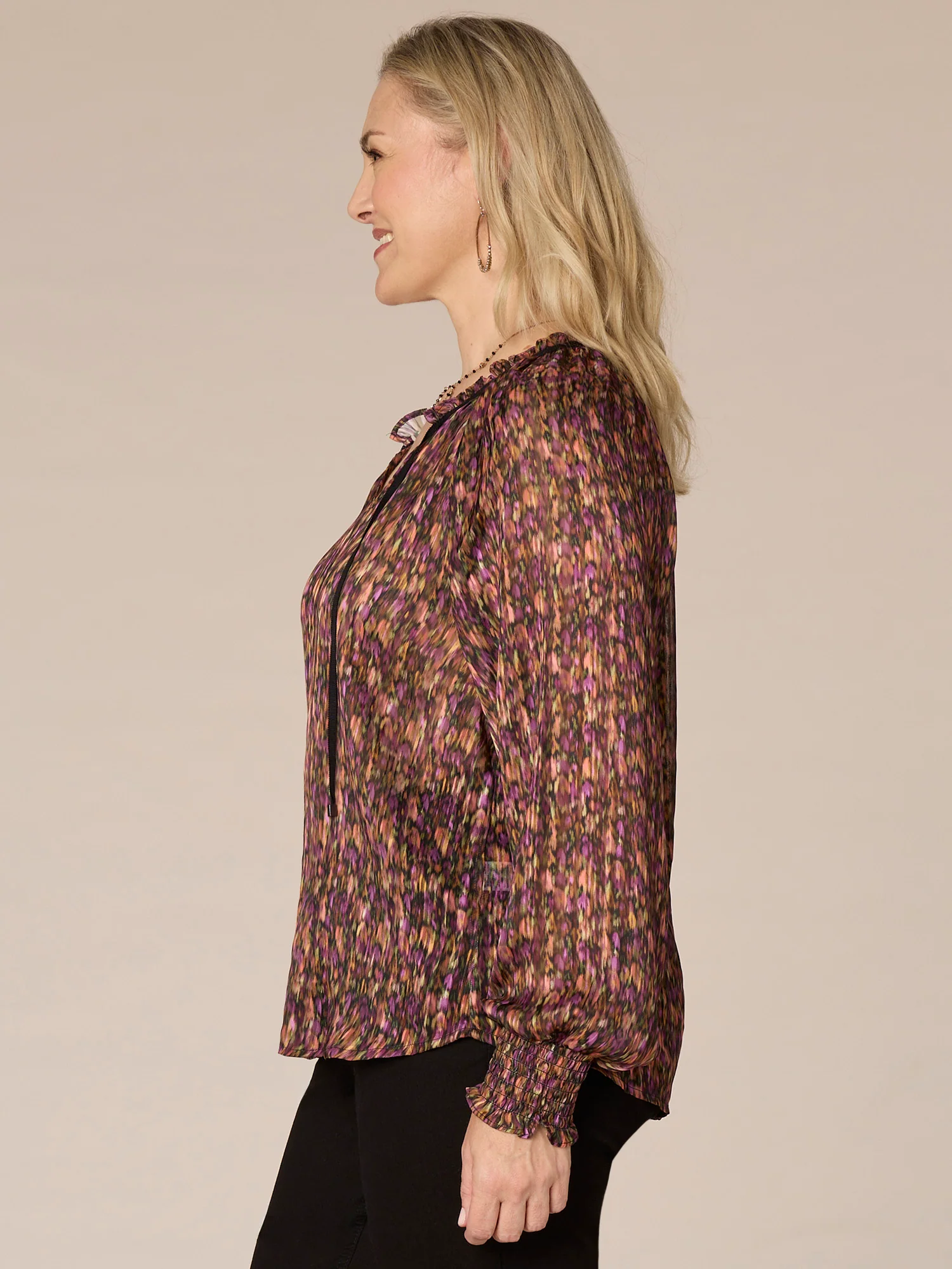 Long Smock Cuff Sleeve Split V-Neck Printed Plus Size Woven Top - Legahigh