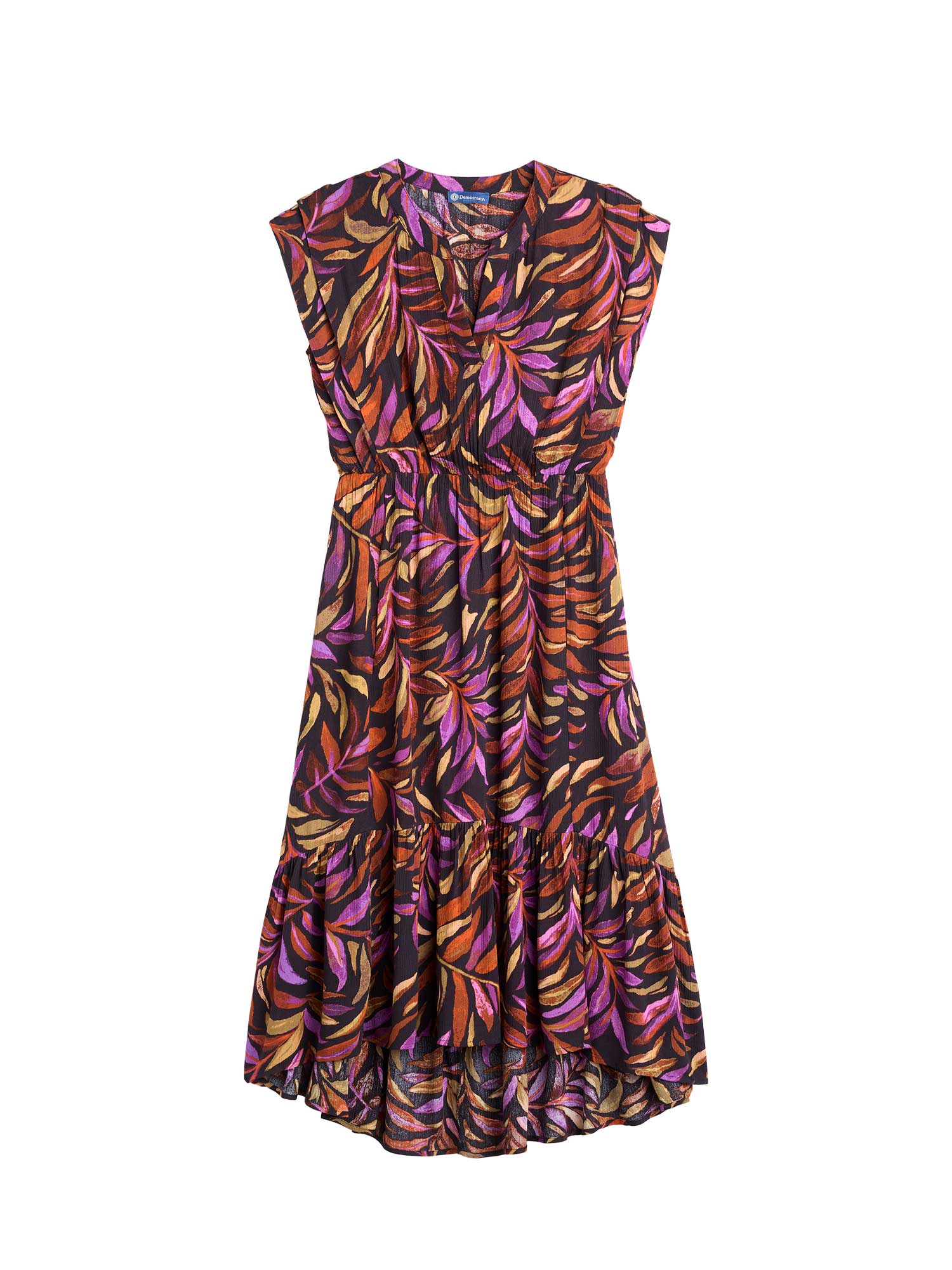 Double Flounce Cap Sleeve V-Notch Neck Tiered Printed Midi Woven Dress - Legahigh