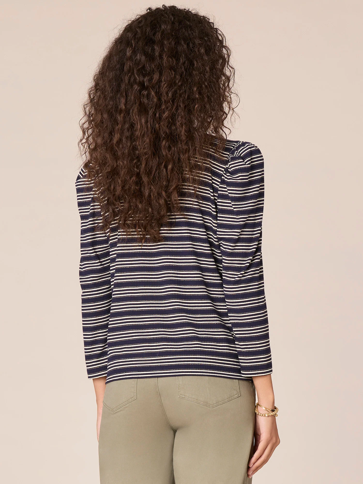 Three Quarter Sleeve Scoop Neck Stripe Knit Top with Lace Up Yoke - Legahigh