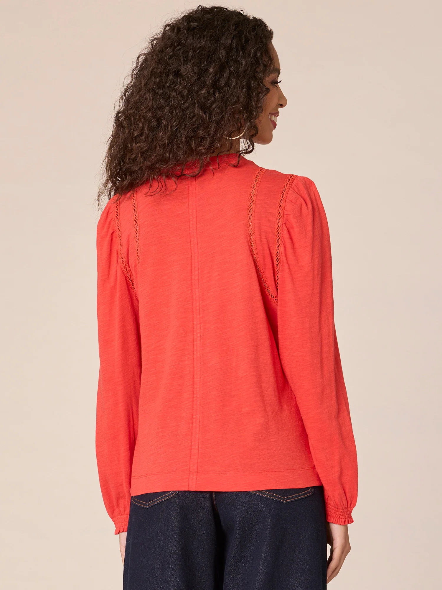 Long Puff Sleeve Crew Neck Crochet Linking Petite Knit Top with Center Seam - Legahigh