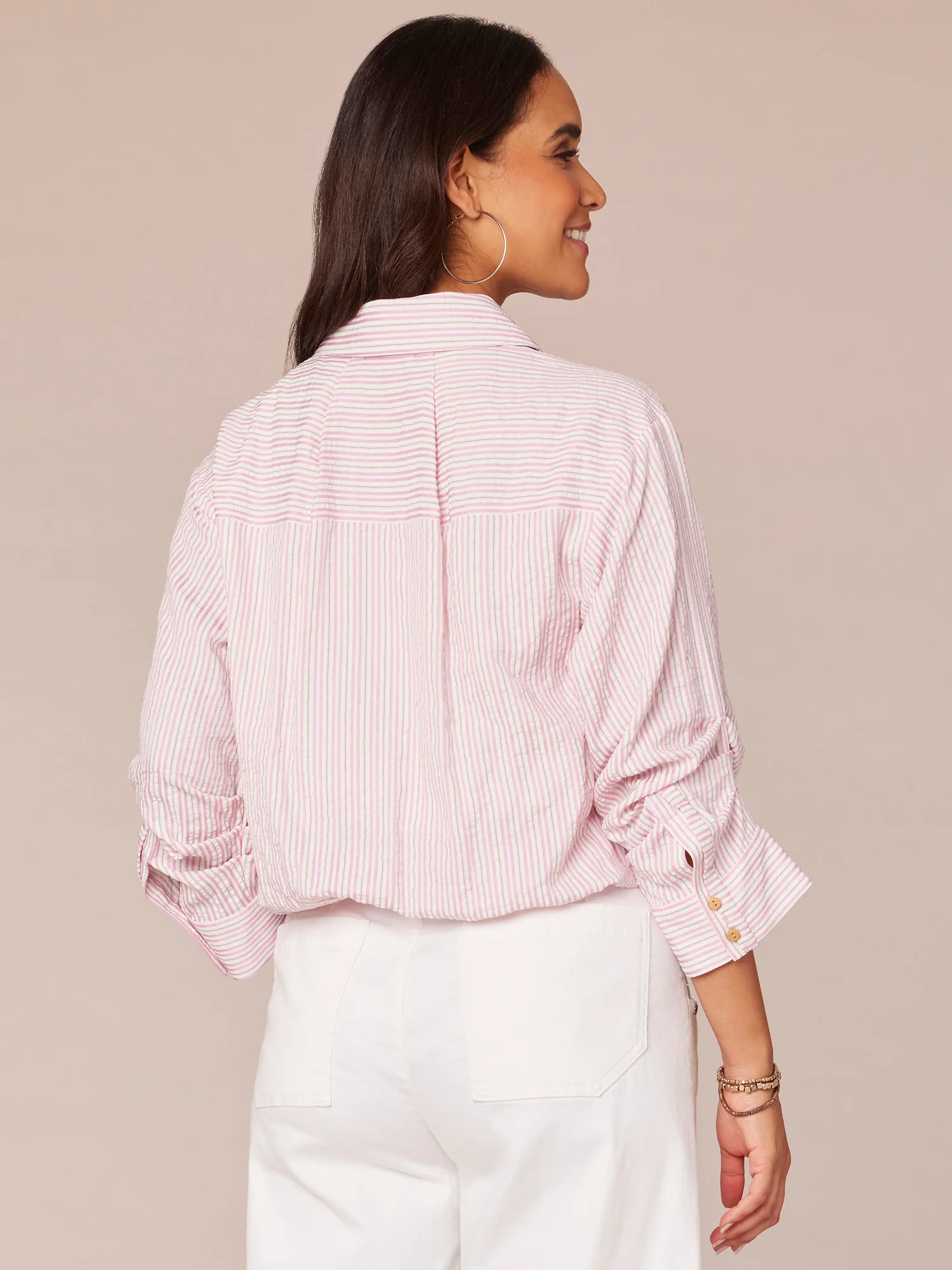 Three Quarter Tucked Sleeve Button Down Spliced Stripe Woven Shirt - Legahigh