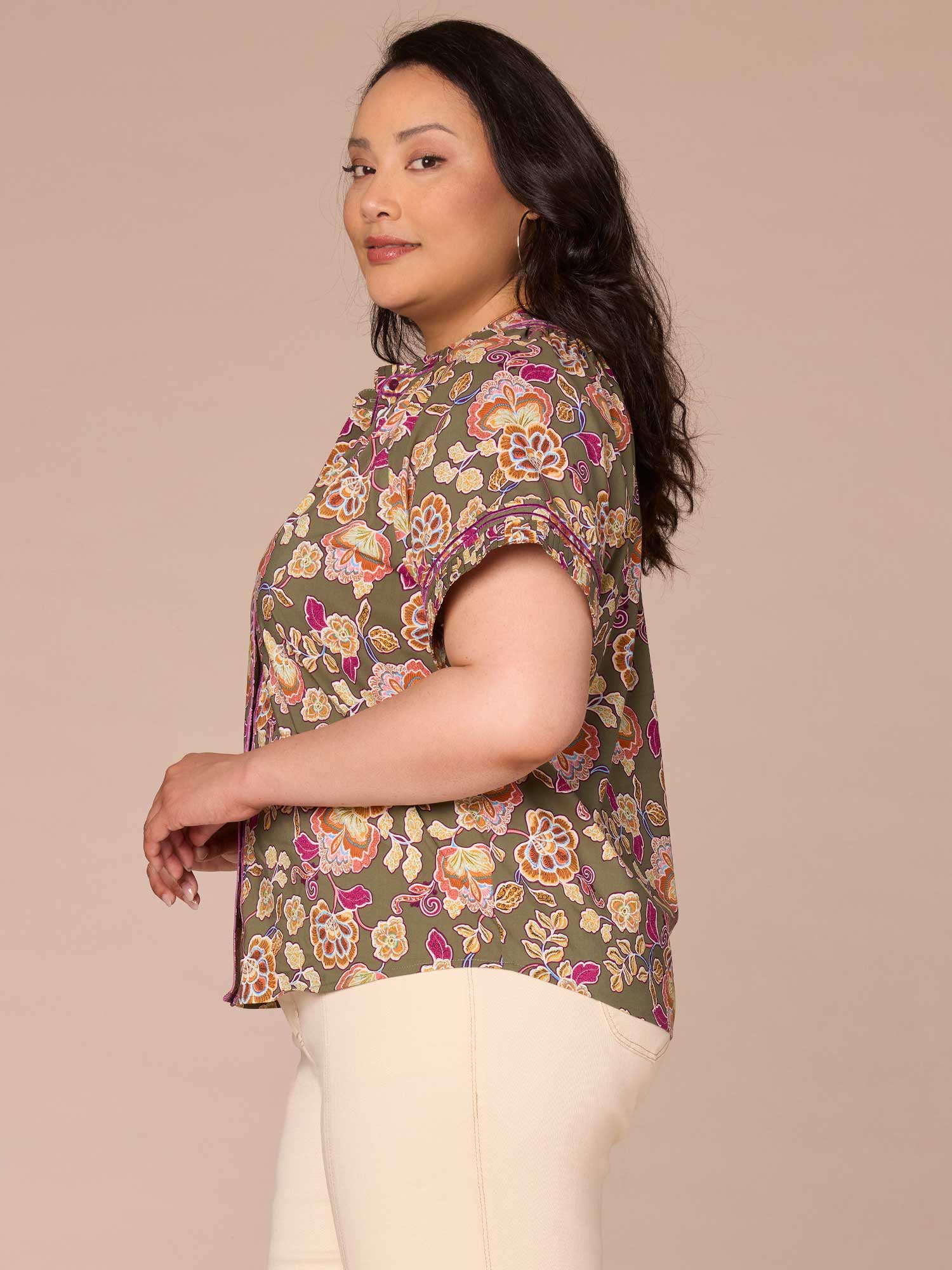 Short Sleeve Collared Button Front Floral Print Plus Size Woven Top - Legahigh