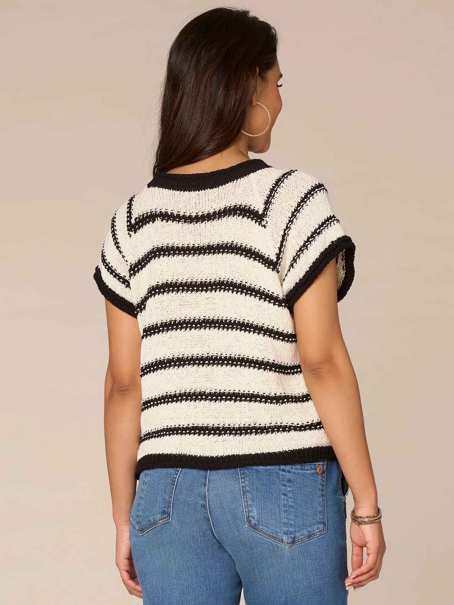 Raglan Extended Short Sleeve Round Neck Novelty Stripe Sweater - Legahigh