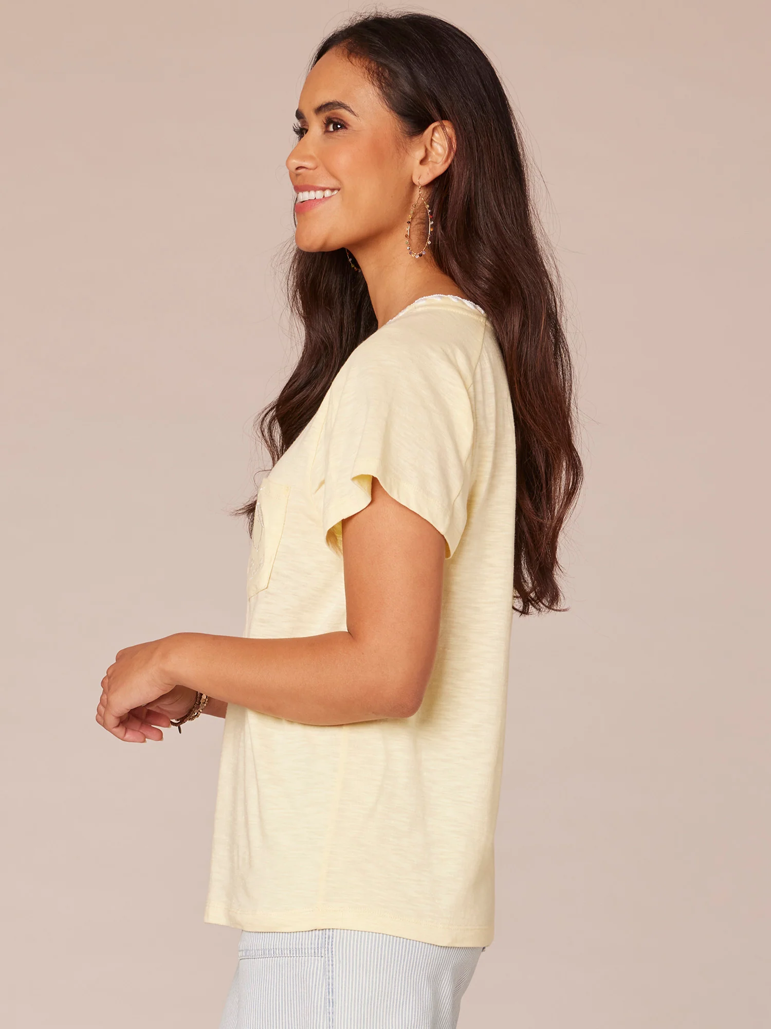 Short Sleeve Scoop Neck Petite Knit Boyfriend Tee with Embroidery - Legahigh