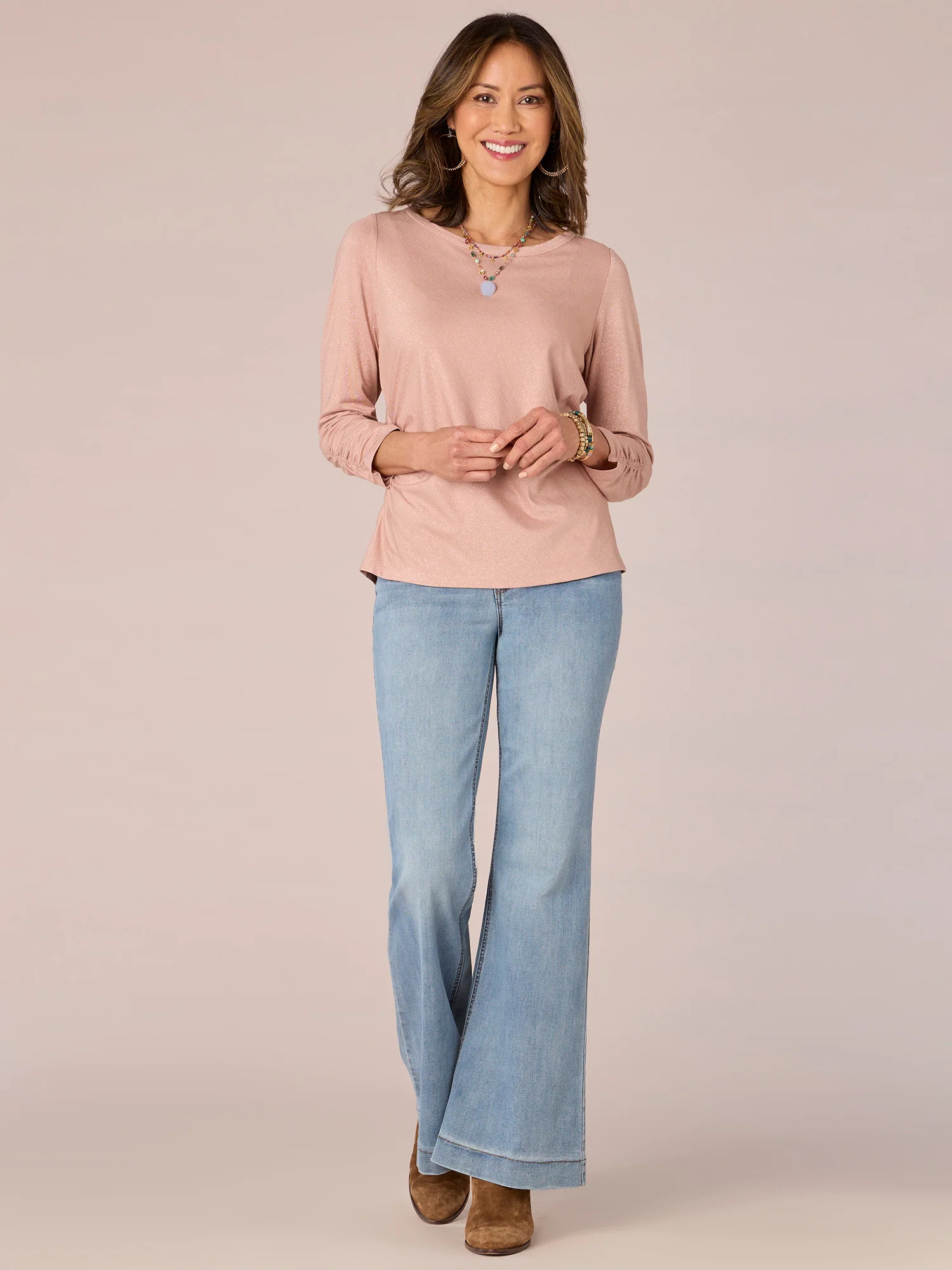 Three Quarter Sleeve Scoop Neck Ruched Side Shiny Petite Knit Top - Legahigh