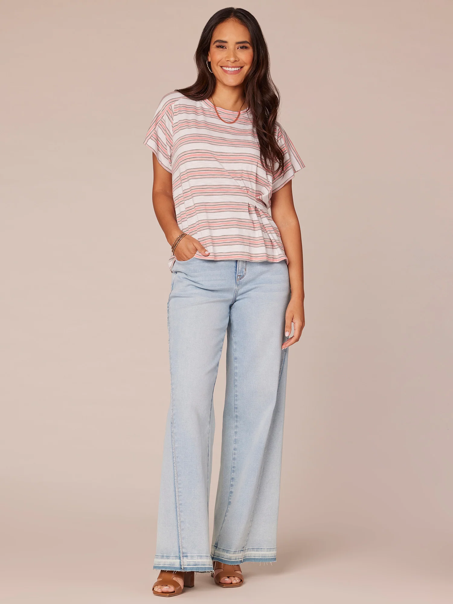 Short Sleeve Crew Neck Stripe Print Petite Knit Top with Pleating - Legahigh