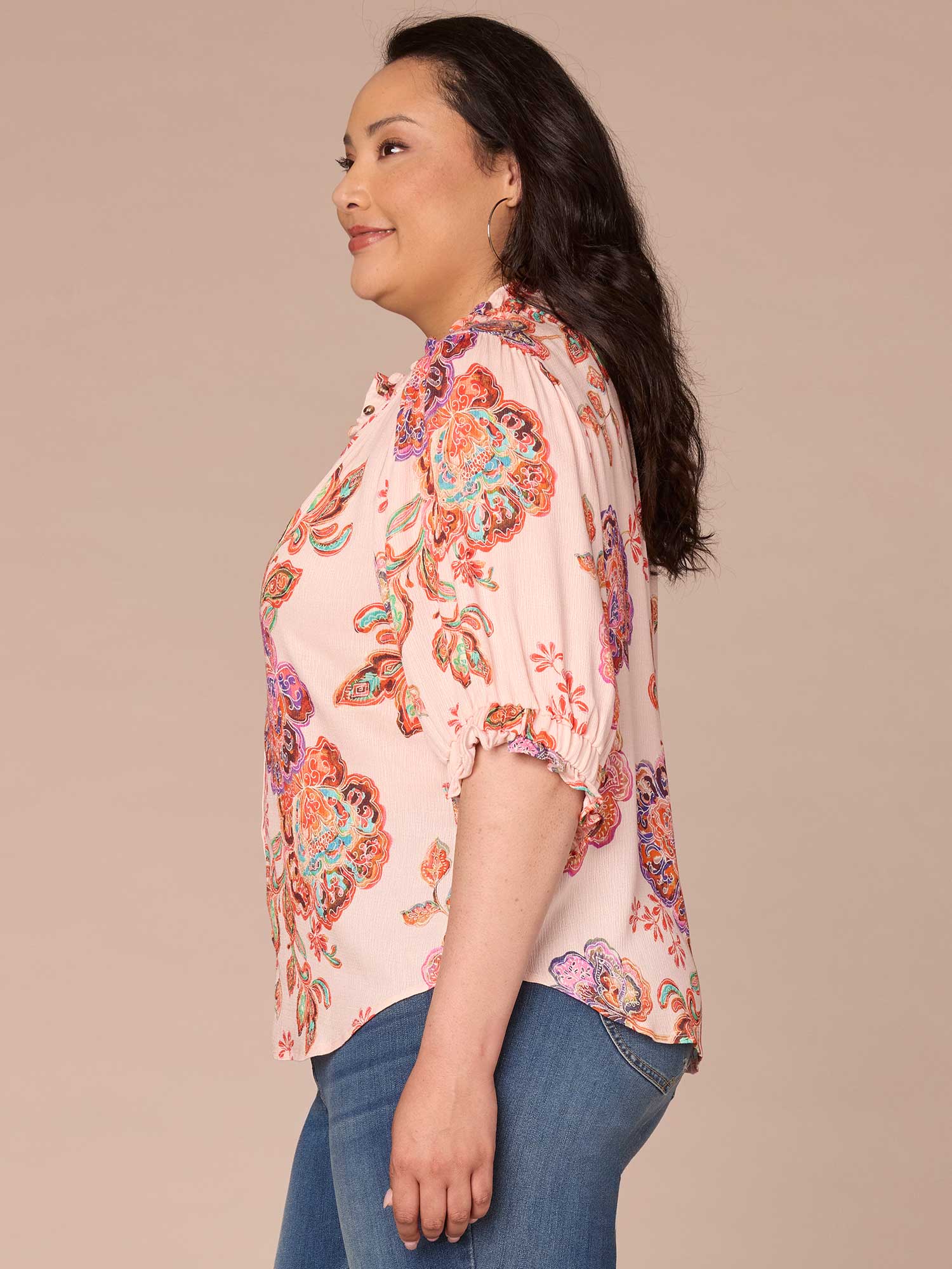 Elbow Length Ruffle Edge Neck Button Down Printed Plus Size Woven Top - Legahigh