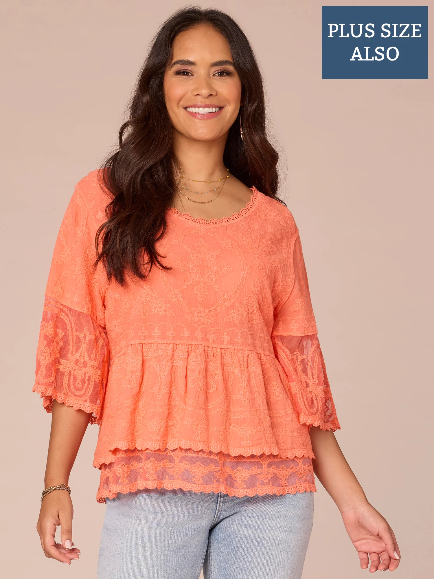 Three Quarter Sleeve Scoop Neck Flounce Peplum Hem Plus Size Woven Top - Legahigh