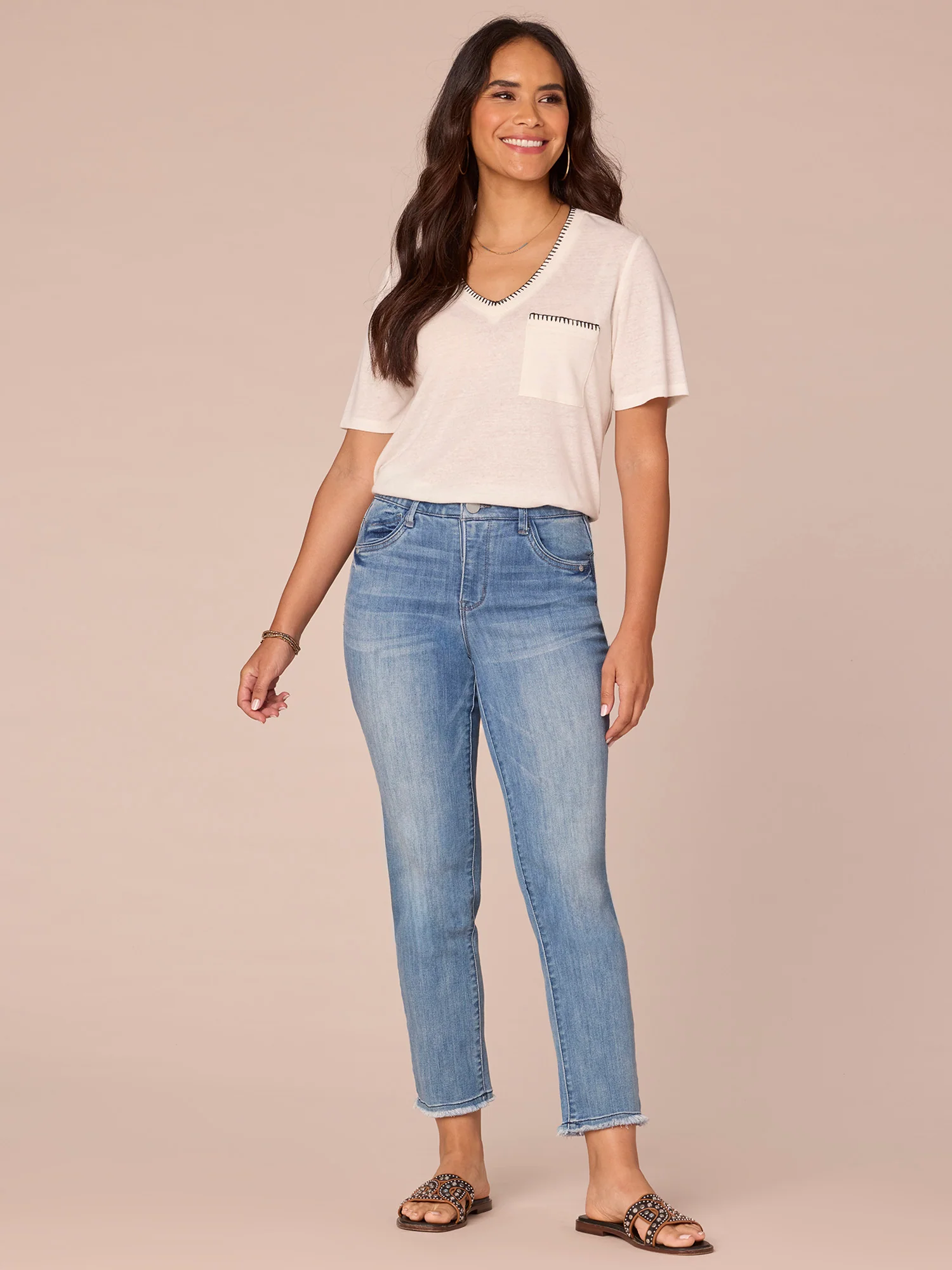 Short Sleeve V-Neck Contrast Blanket Stitch Pocket Knit Top - Legahigh