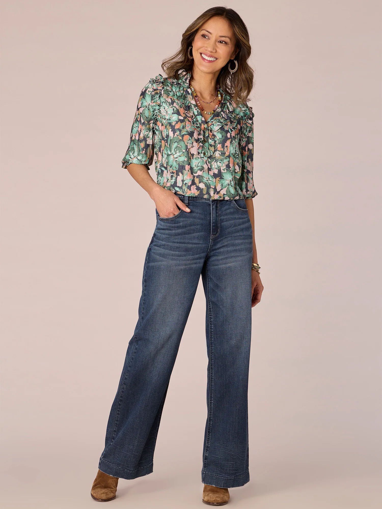 Below Elbow Sleeve Ruffle Stand Collar Floral Printed Woven Top - Legahigh