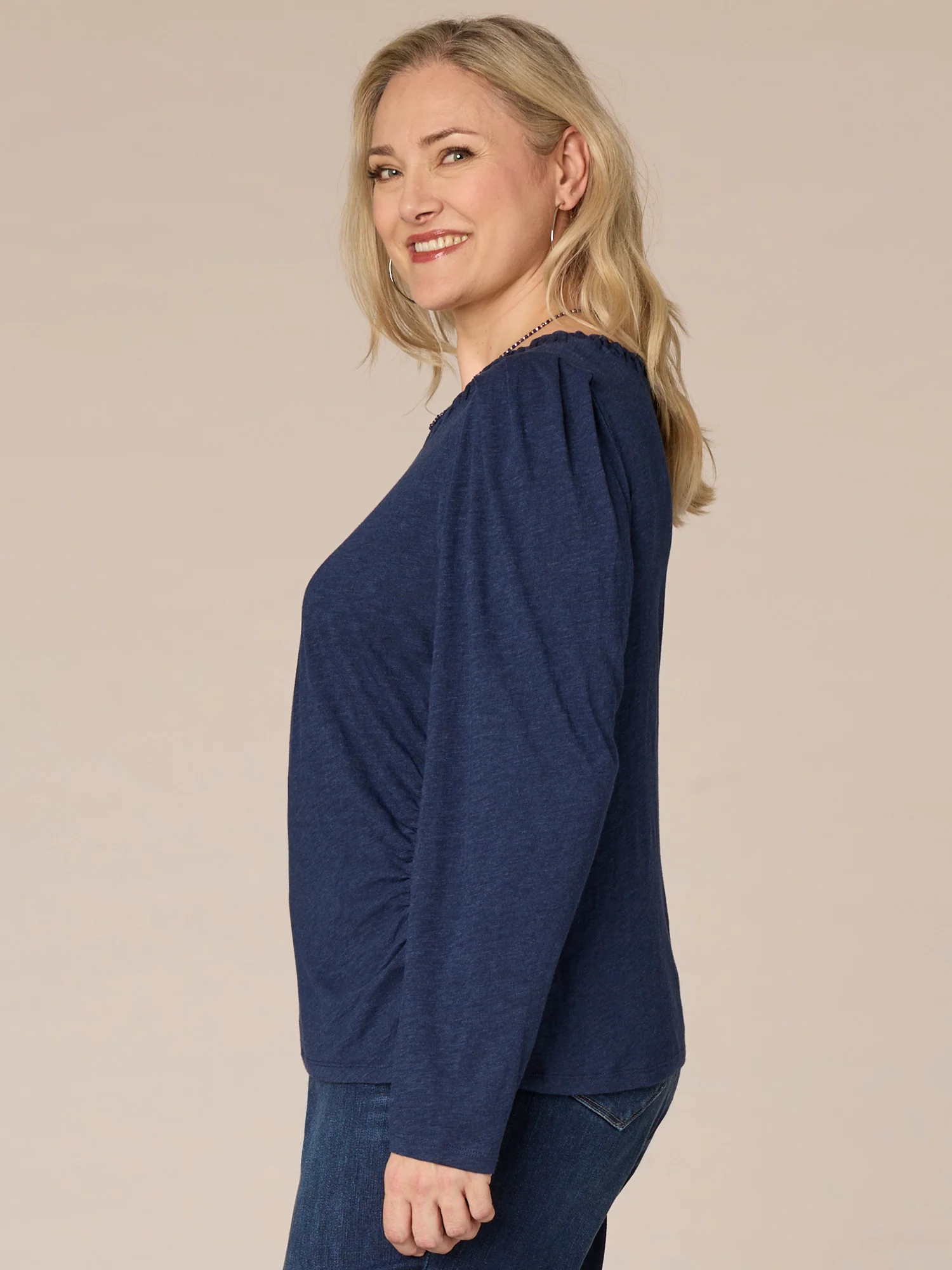 Long Sleeve Ruched Plus Size Knit Top with Soutache Embroidered Neck - Legahigh