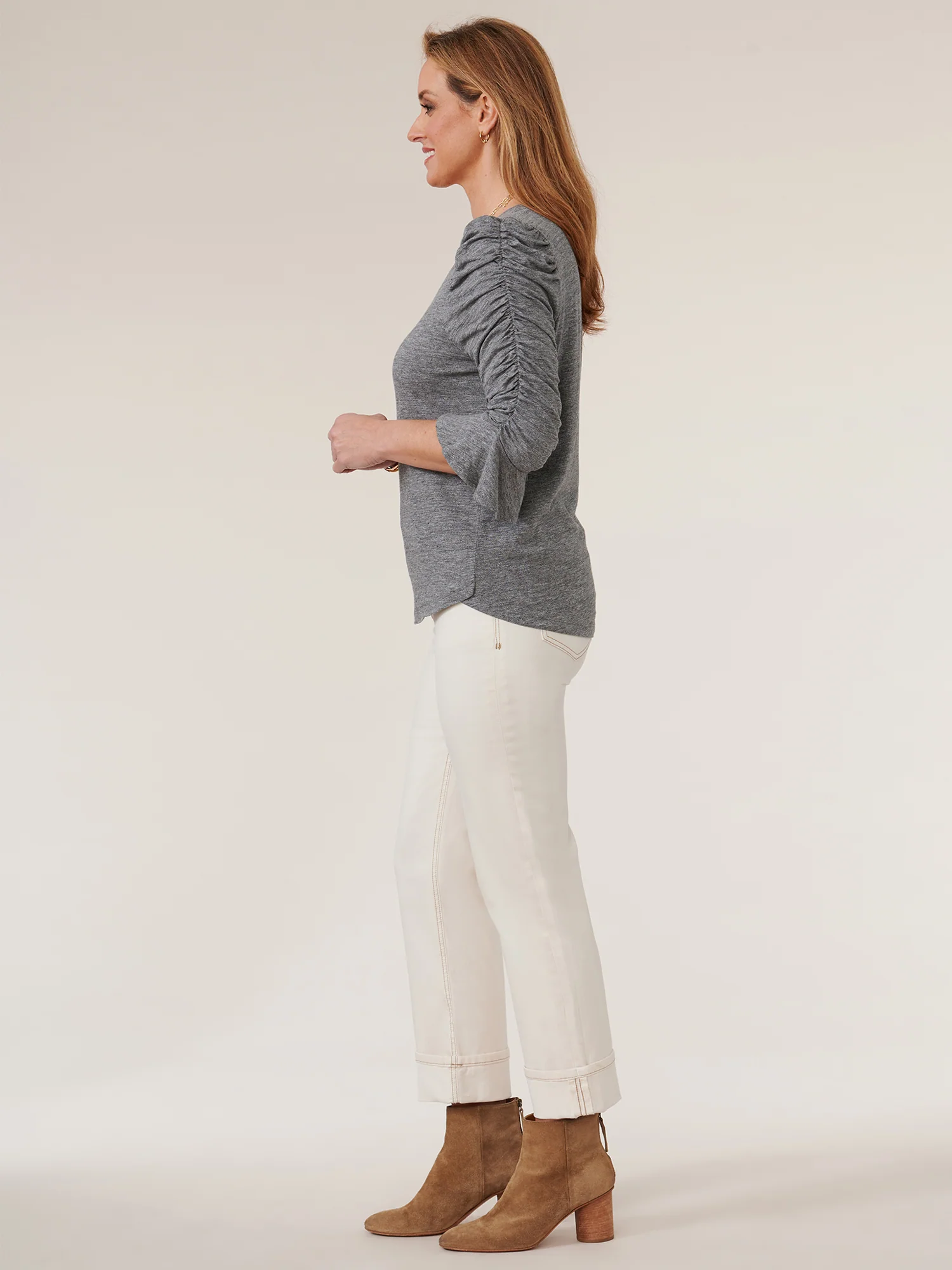 3/4 Ruched Flounce Sleeve V Neck Shirtail Hem Knit Top - Legahigh