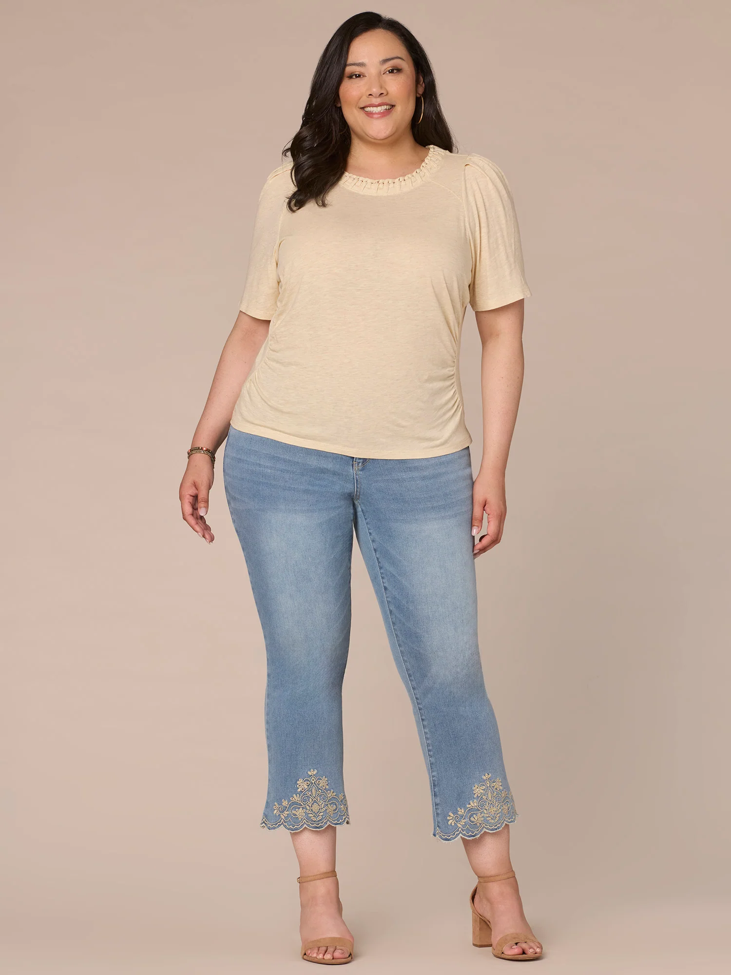 Pleated Elbow Sleeve Scoop Neck Plus Size Knit Top with Side Ruching - Legahigh