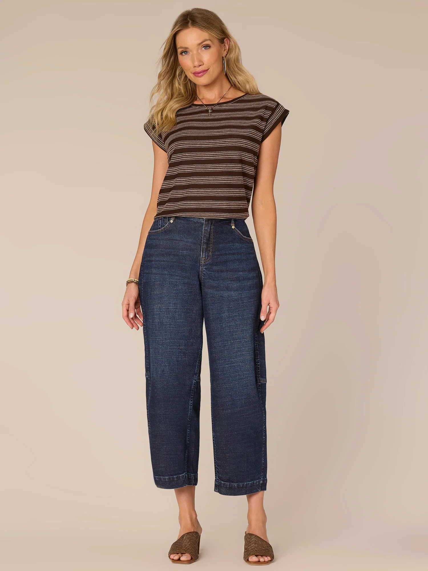 Cap Sleeve Scoop Neck Shirttail Hem Stripe Print Knit Top - Legahigh