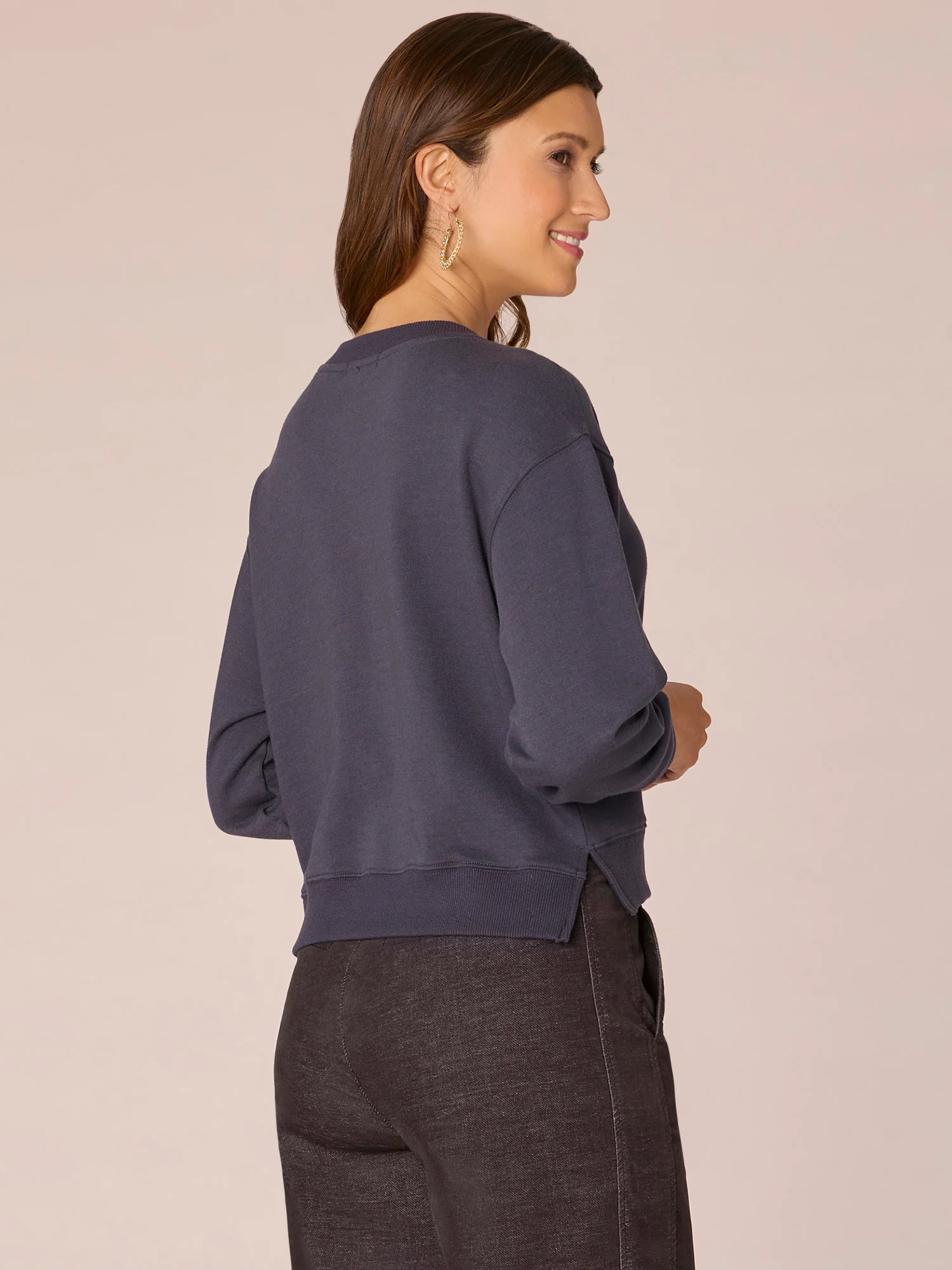 Long Sleeve Scoop Neck Knit Sweatshirt with Rhinestone Detail - Legahigh