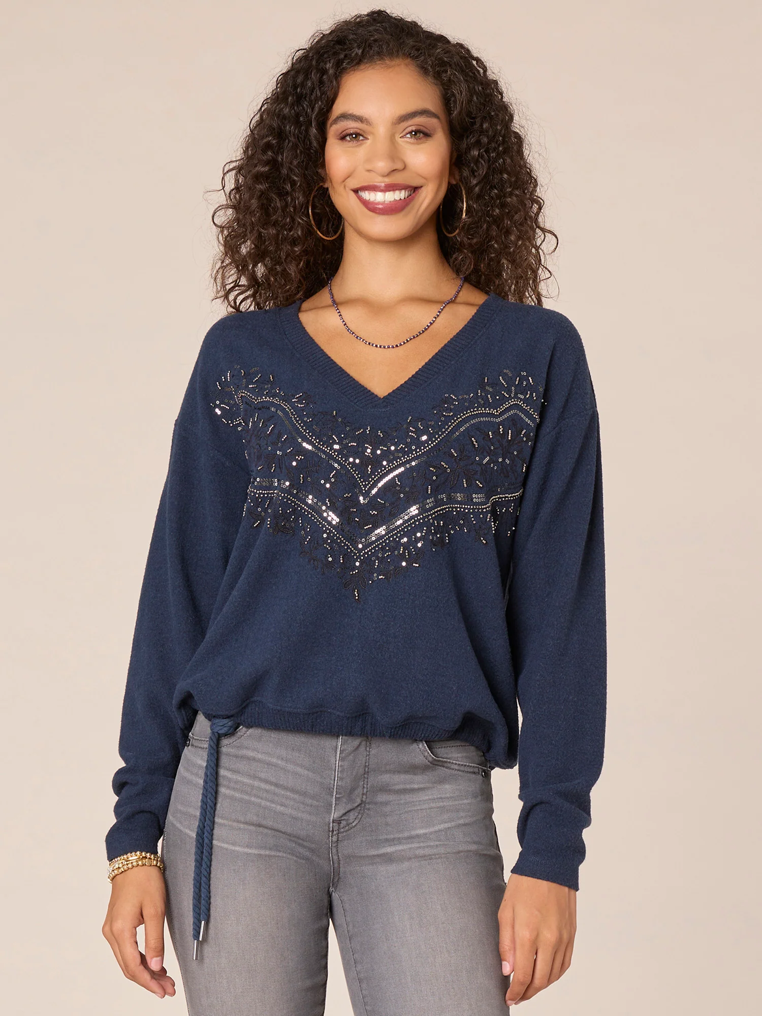 Long Sleeve V-Neck Sequin Embroidered Knit Top with Tied Hem - Legahigh