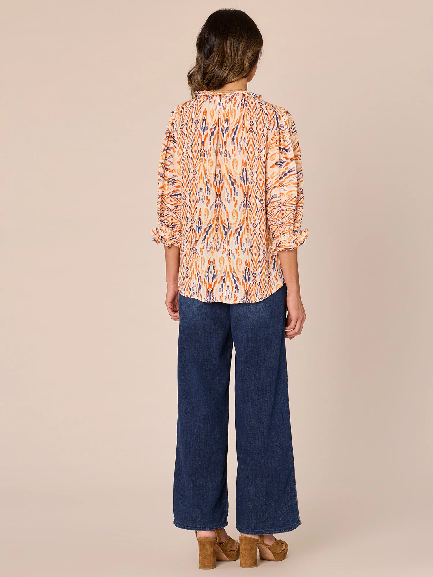 Below Elbow Sleeve Curl Edge Ruffle Neck Abstract Print Woven Top - Legahigh