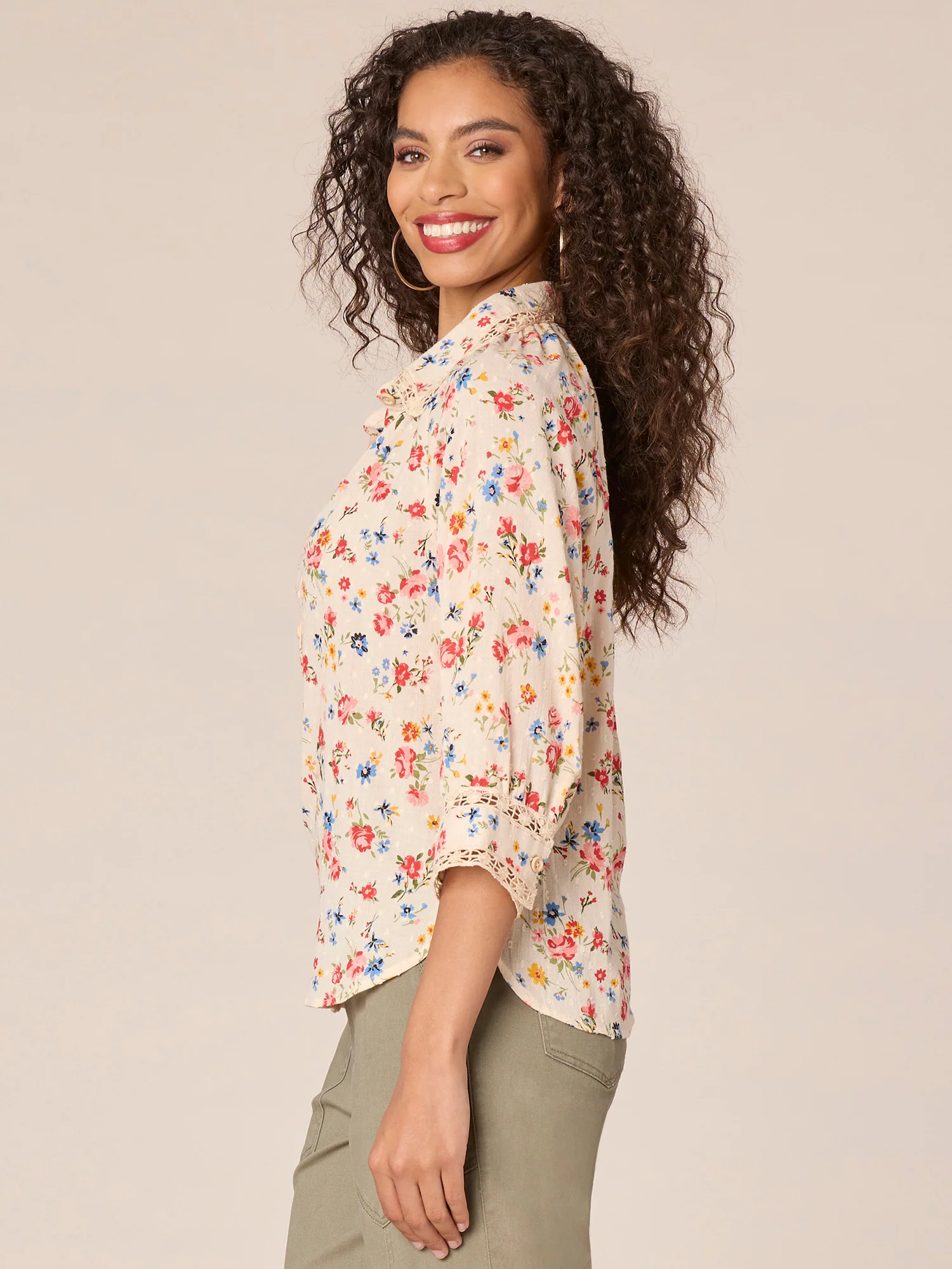 Below Elbow Sleeve Crochet Collar Button Down Floral Print Woven Top - Legahigh