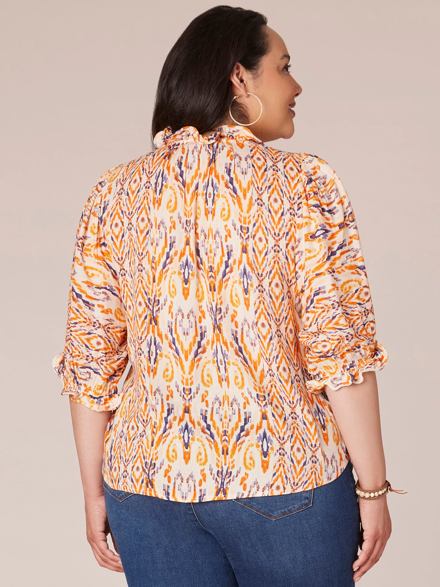 Below Elbow Sleeve Curl Edge Ruffle Neck Printed Plus Size Woven Top - Legahigh