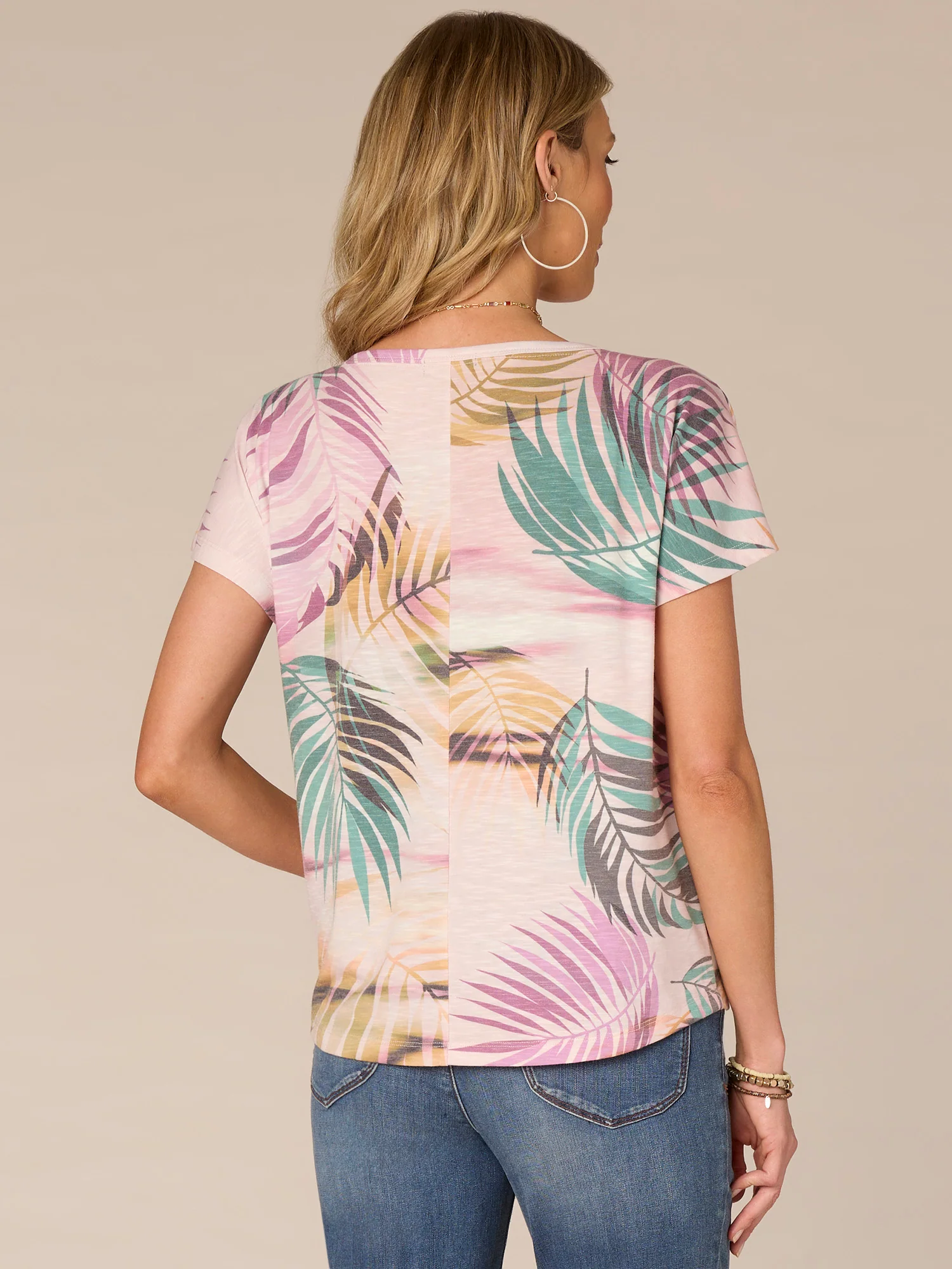 Extended Short Sleeve Scoop Neck Twist Front Printed Knit Top - Legahigh