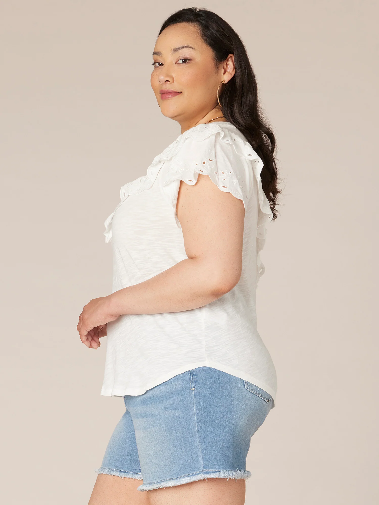 Short Ruffle Raglan Sleeve Scoop Neck V-Yoke Plus Size Knit Top - Legahigh
