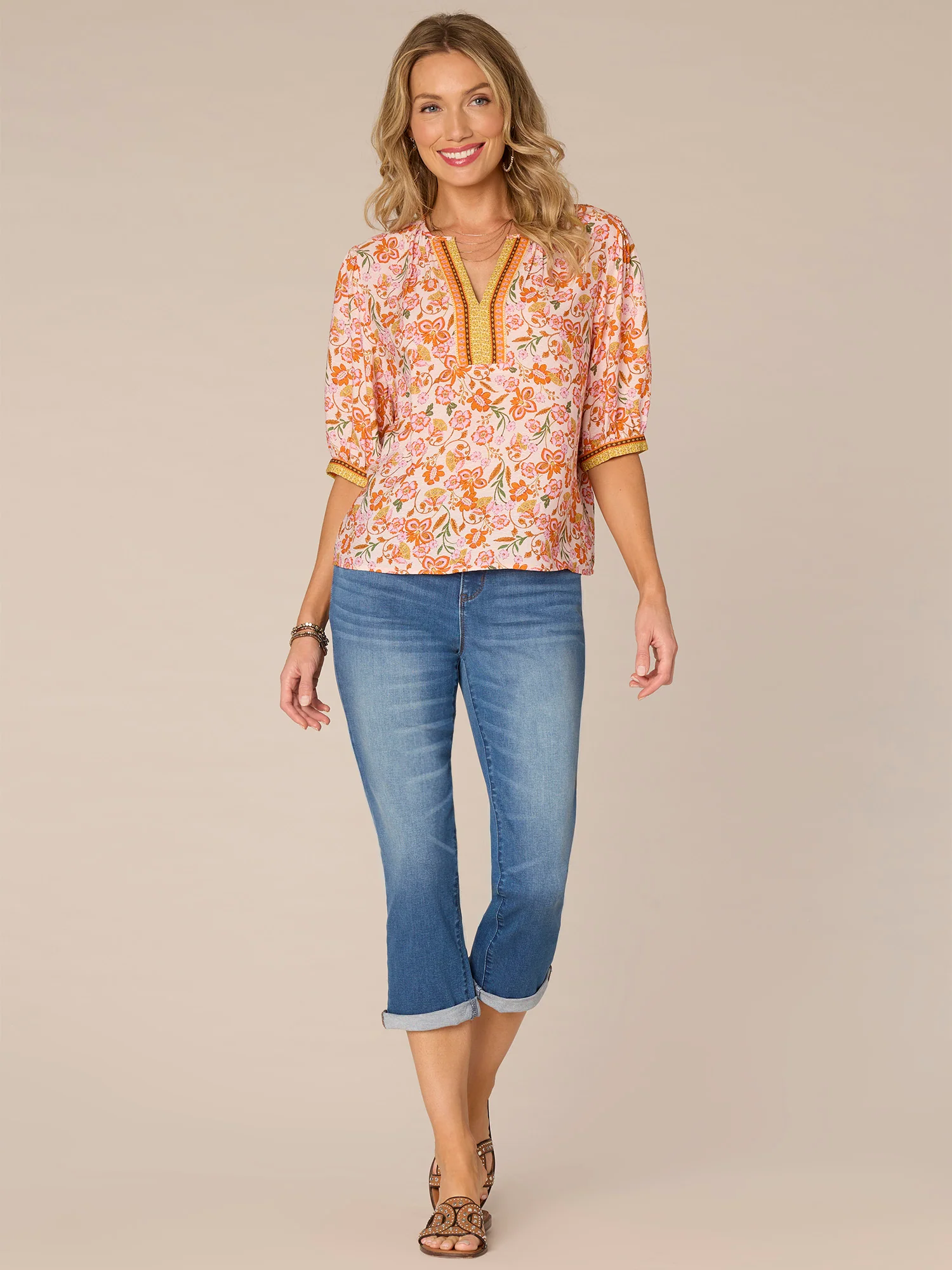 Elbow Sleeve V-Notch Neck Floral Print Woven Top - Legahigh