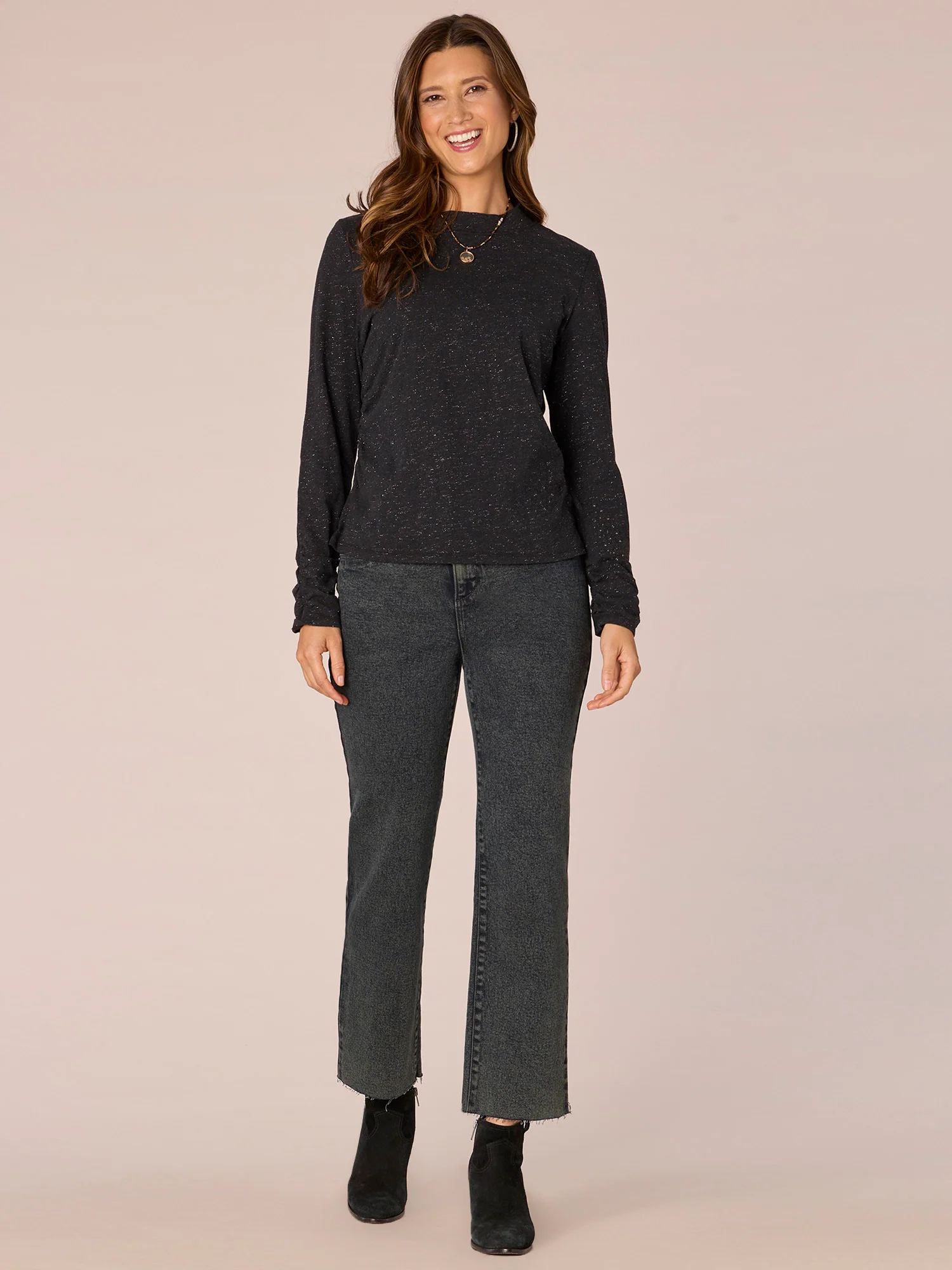 Long Sleeve Crew Neck Metallic Thread Knit Top - Legahigh