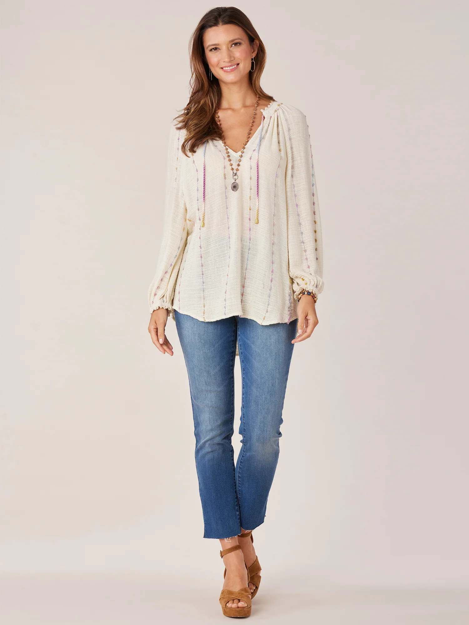 Petite Long Blouson Sleeve V-Neck Crochet Woven Top with Braided Ties - Legahigh