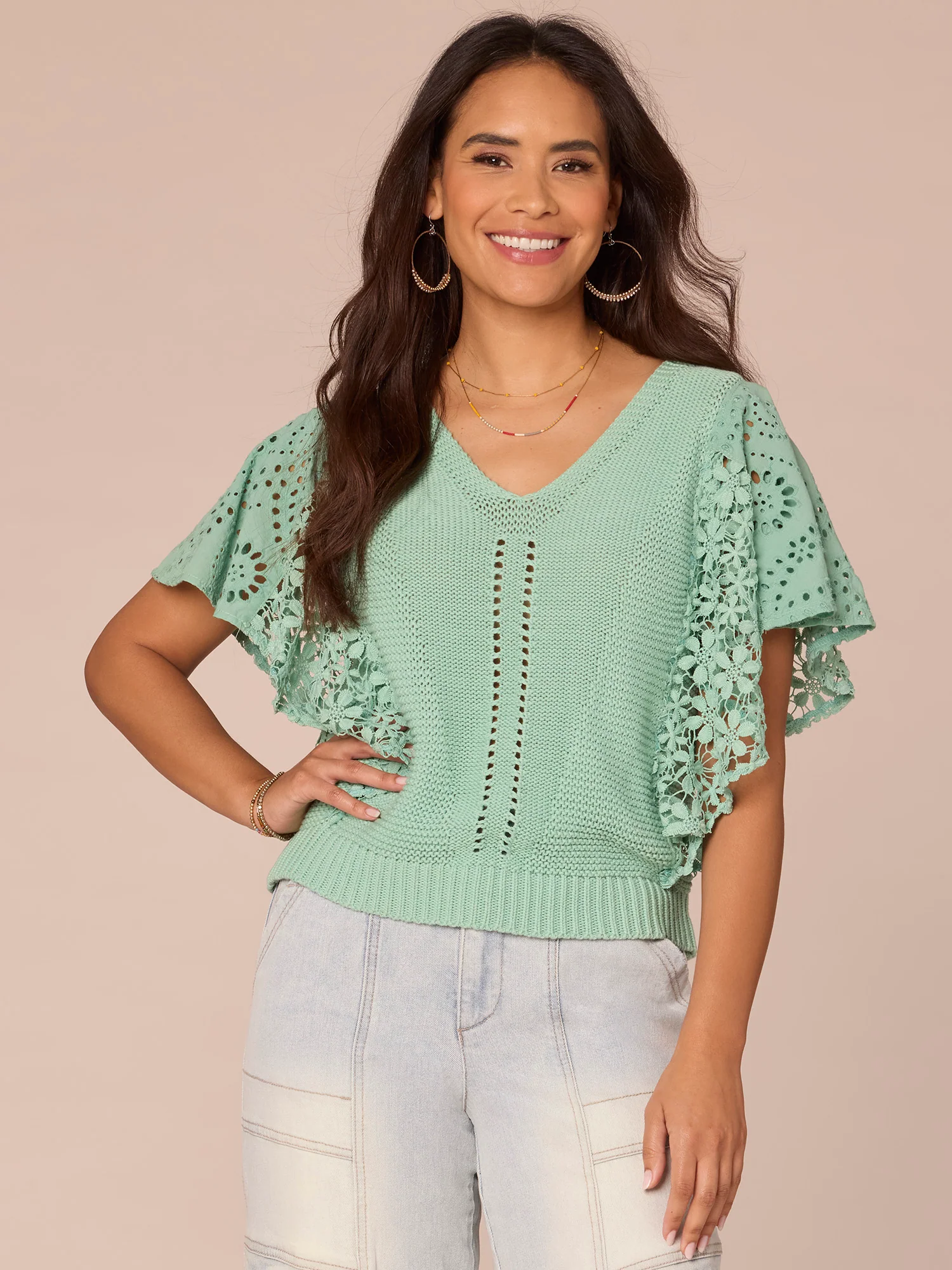 Flutter Sleeve V-Neck Mixed Media Top with Die Cut Embroidery - Legahigh