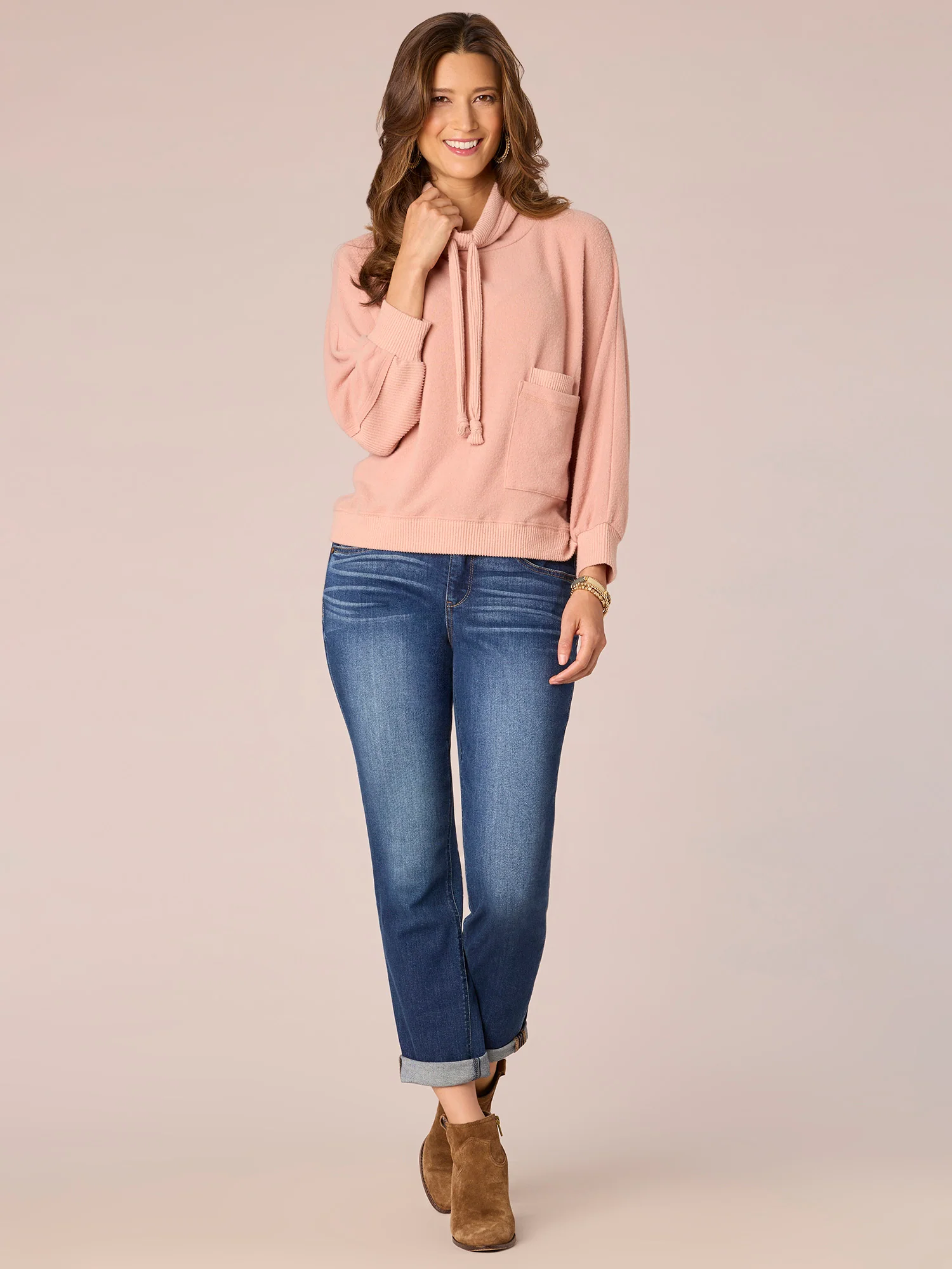 Long Blouson Sleeve Funnel Neck Double Pocket Knit Top with Ties - Legahigh