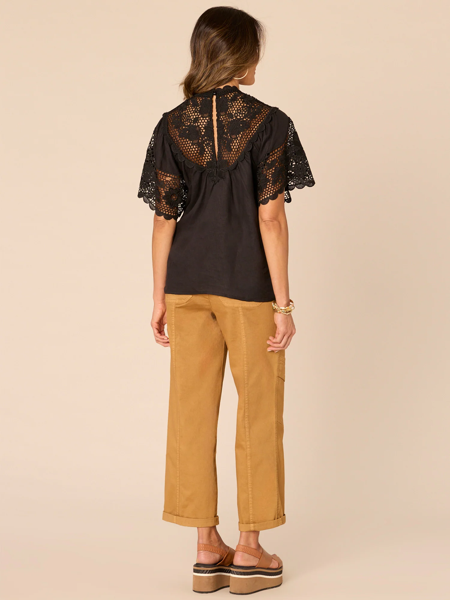 Short Bell Sleeve High Round Neck Crochet V-Yoke Woven Top - Legahigh