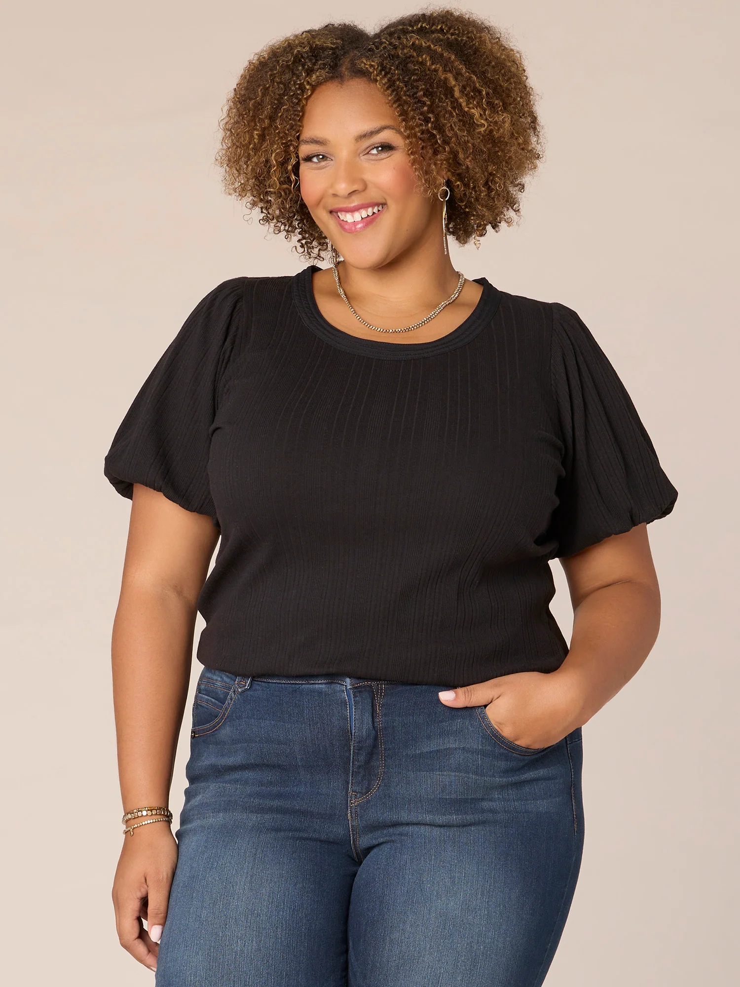 Short Blouson Bubble Sleeve Scoop Neck Ringer Plus Size Knit Top - Legahigh